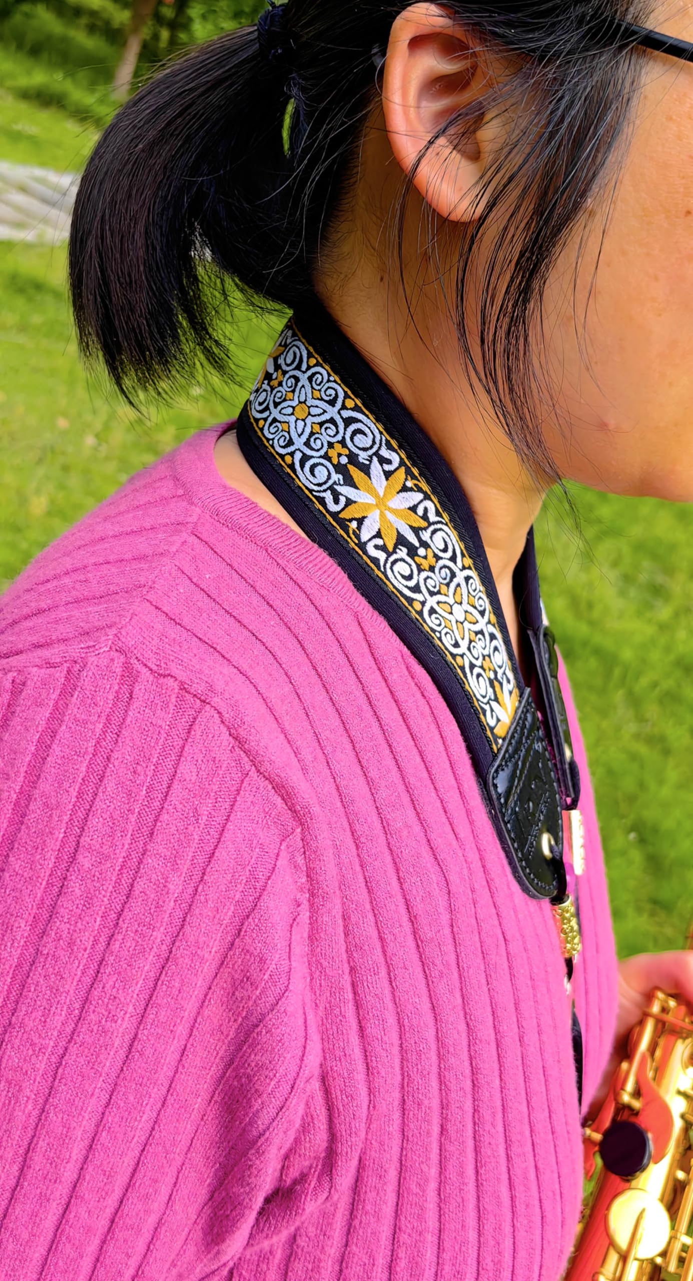 lightstar Embroidery Saxophone Neck Strap – (Comfort, Breathable, Metal Swivel Snap Hook) Sax Neck Strap for Alto Tenor (Sunflower embroidery)