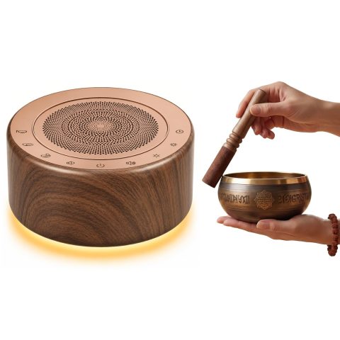 Tibetan Meditation Singing Bowl Sound Machine, 11 Authentic Singing Bowl & Relaxing Sounds, Premium Wood-Style Design, 7-Color Night Light, Timer & Memory, for Meditation, Yoga, Sleep & Mindfulness