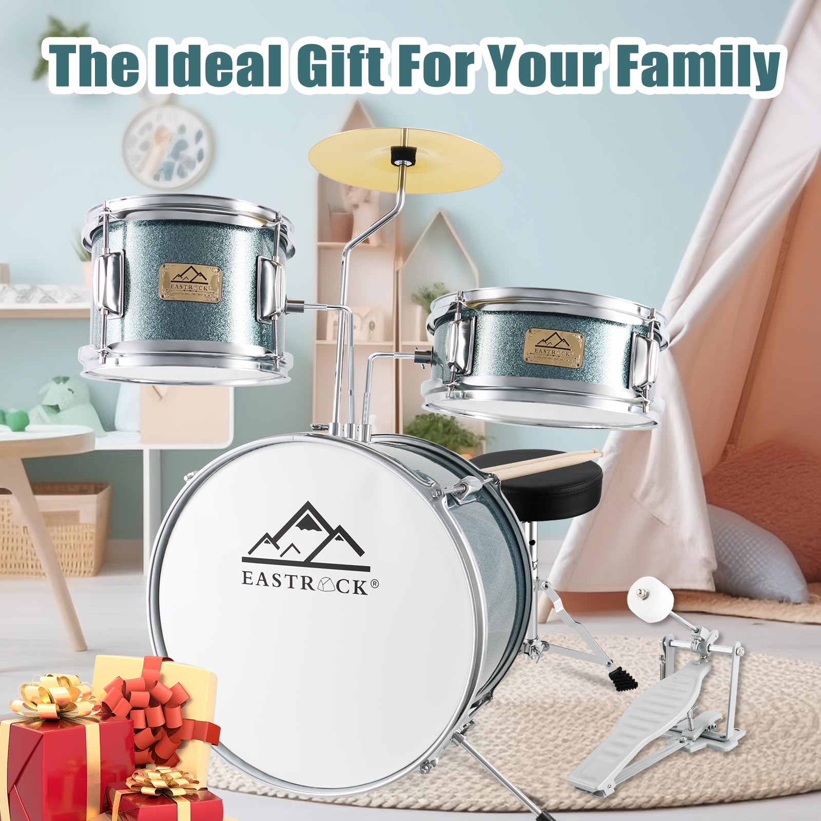 EASTROCK 3 Piece 14” Junior Drum sets for Drummer,Blue-black