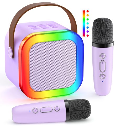 Mini Karaoke Machine: Mini Karaoke Machine with 2 Wireless Karaoke Microphones and Light for Family Home Party – Portable Singing Karaoke Speaker – Stage-subwoofers (Purple)