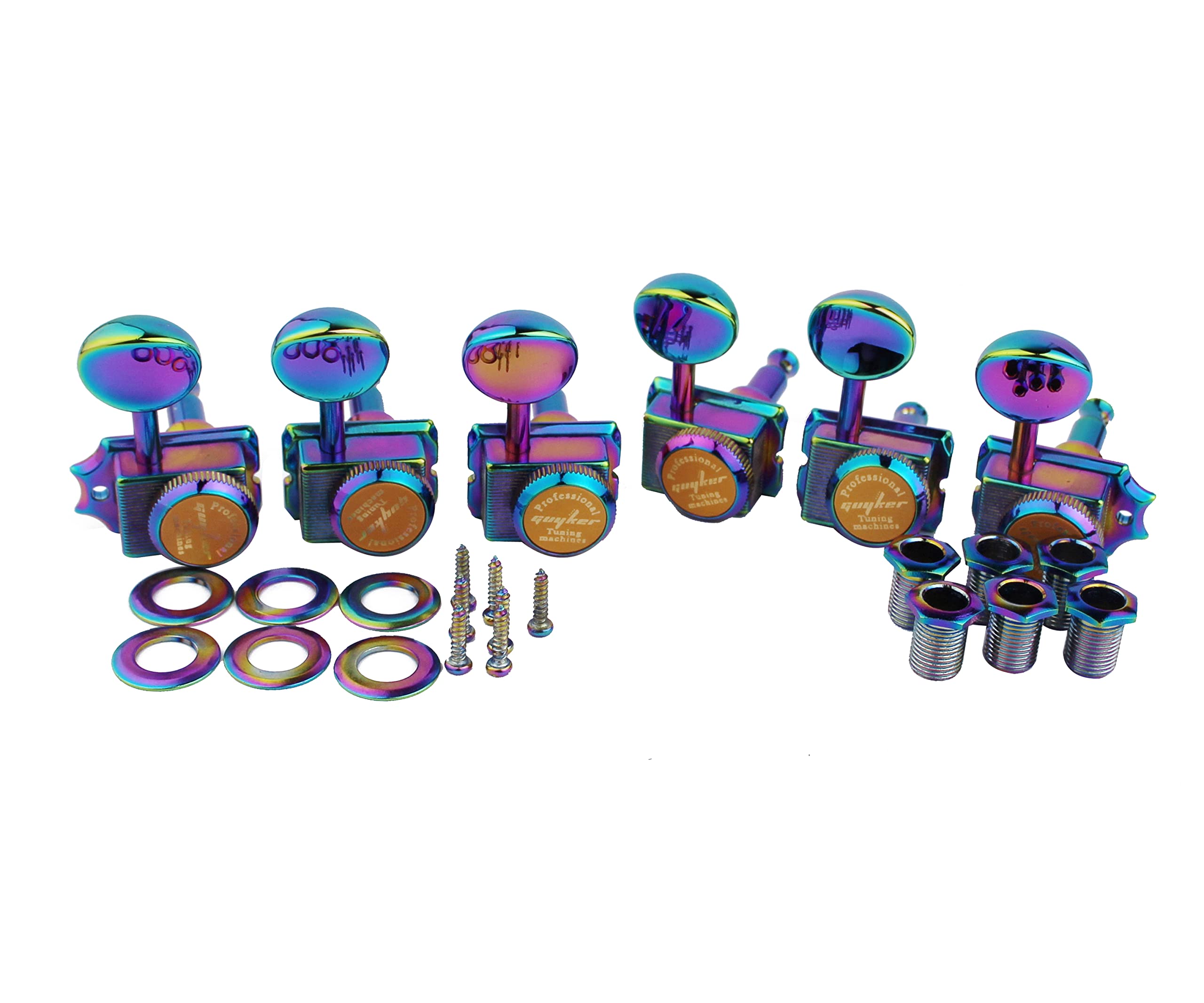 Guyker 6-in-line Vintage Guitar Lock String Tuners – Locking Tuning Key Pegs Machine Heads Replacement Parts for ST TL Style Electric Guitars Gear Ratio 1:15 – Chameleon Rainbow