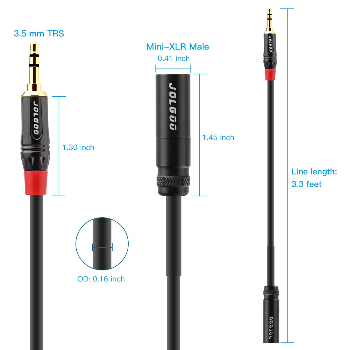 JOLGOO Mini XLR Male to 3.5mm Stereo Audio Plug Cable, 3-pin Mini XLR Male to 1/8″ TRS Plug Cable, for BMPCC 4K Camera Video Assist 4K Sharp 8K, 3.3 Feet