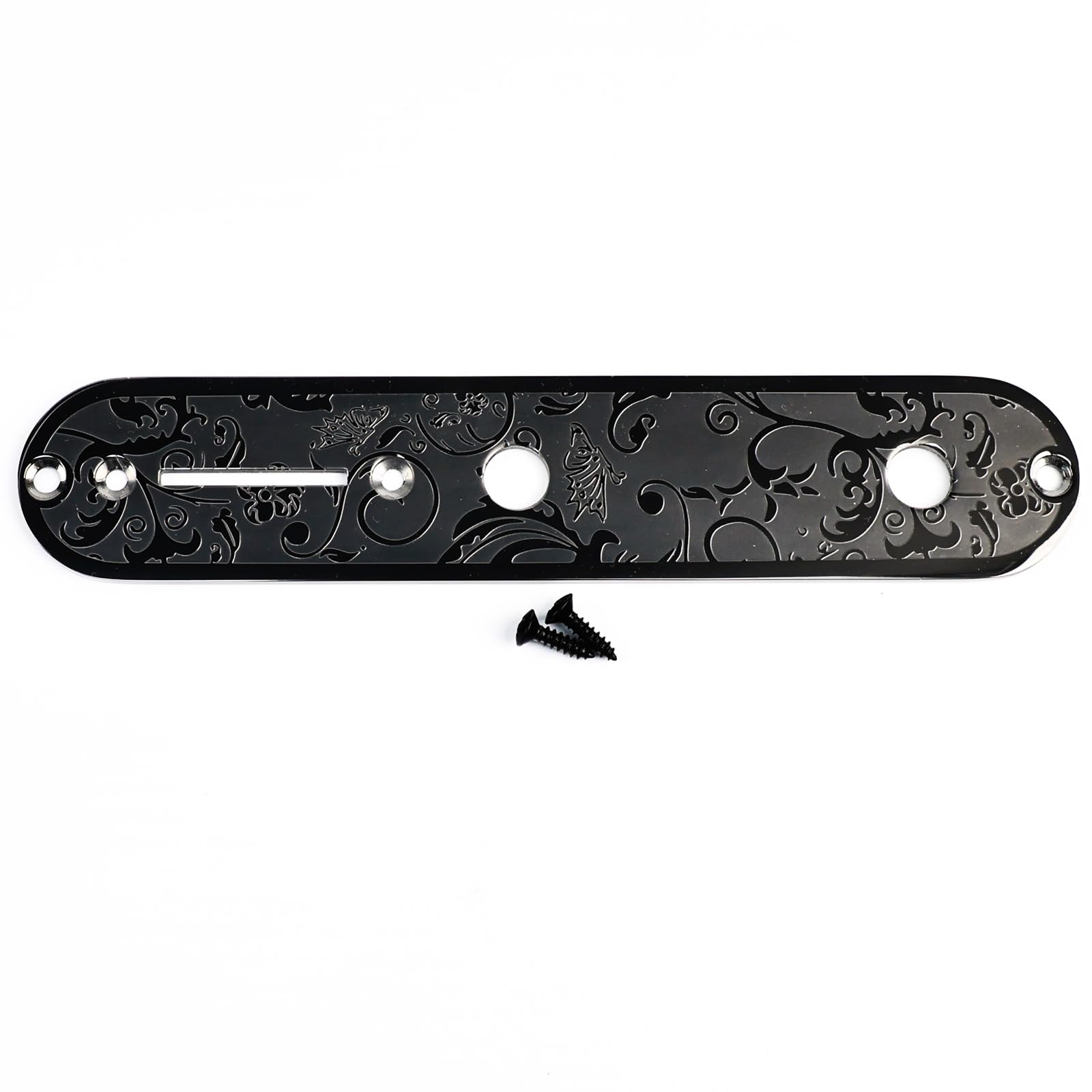 OVSAL Stainless Steel Engraved Telecaster Control Plate 2-Hole Mount 9.5mm (3/8″) CNC Electric Guitar Control Plate Compatible with Most Fender Tele Style Guitar Replacement Parts(Black)