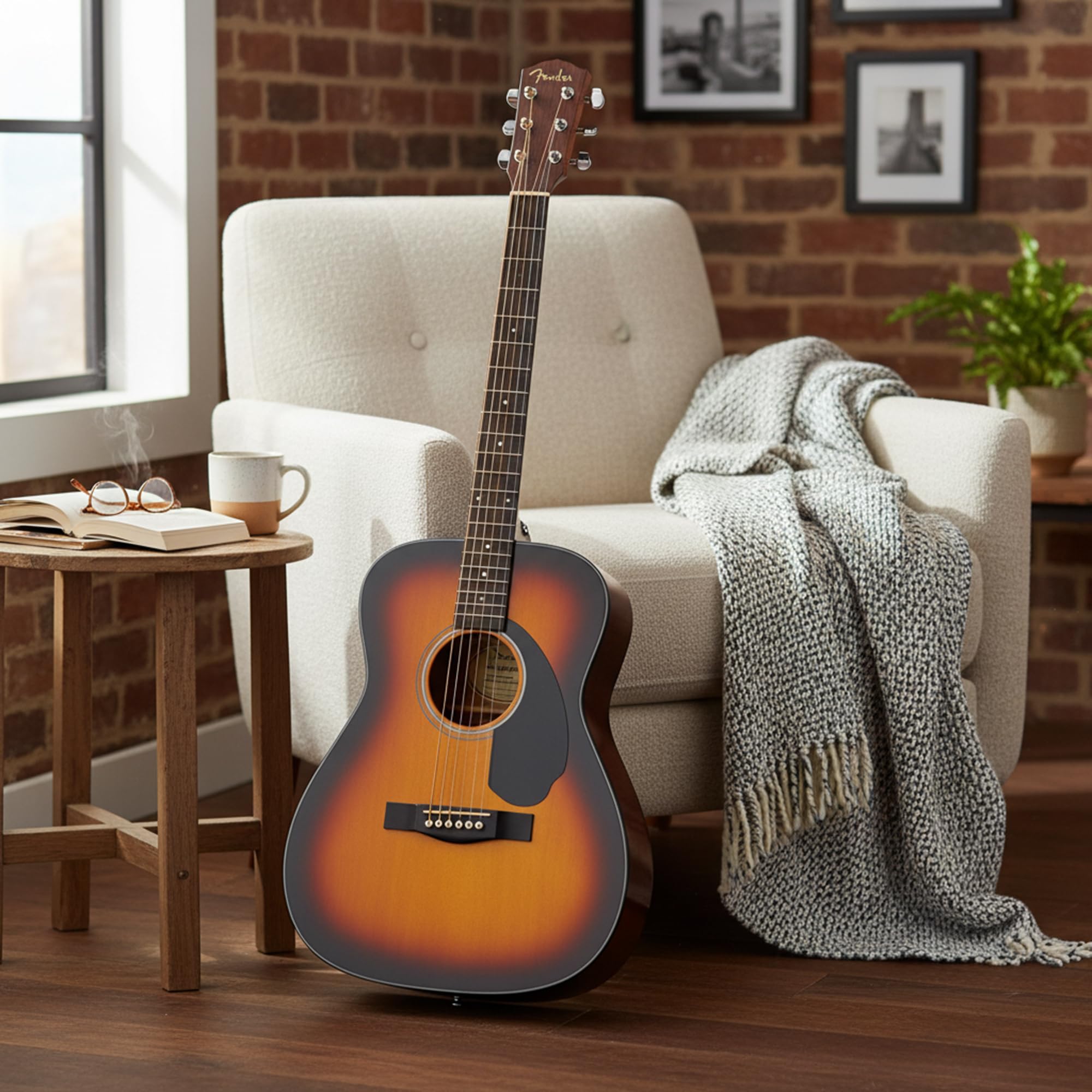 Fender CC-60S Solid Top Concert Acoustic Guitar – Sunburst Bundle with Gig Bag, Tuner, Strap, Strings, Picks, and Austin Bazaar Instructional DVD