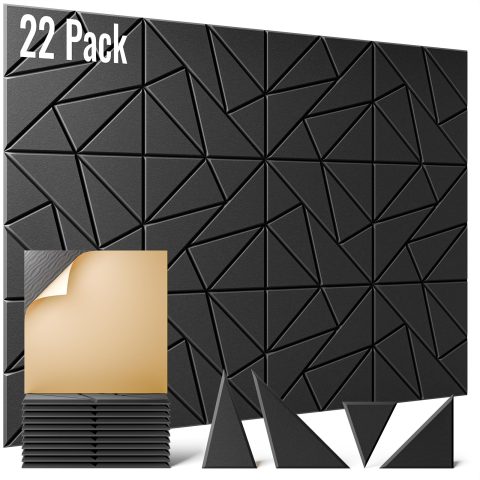 OTUOER 22 Pack Acoustic Panels, 12″X 12″X 0.4″ Peel and Stick Sound Proof Foam Panels for Walls, Decorative Sound Panels, High Density Soundproof Wall Panels for Home Studio Office (Black)