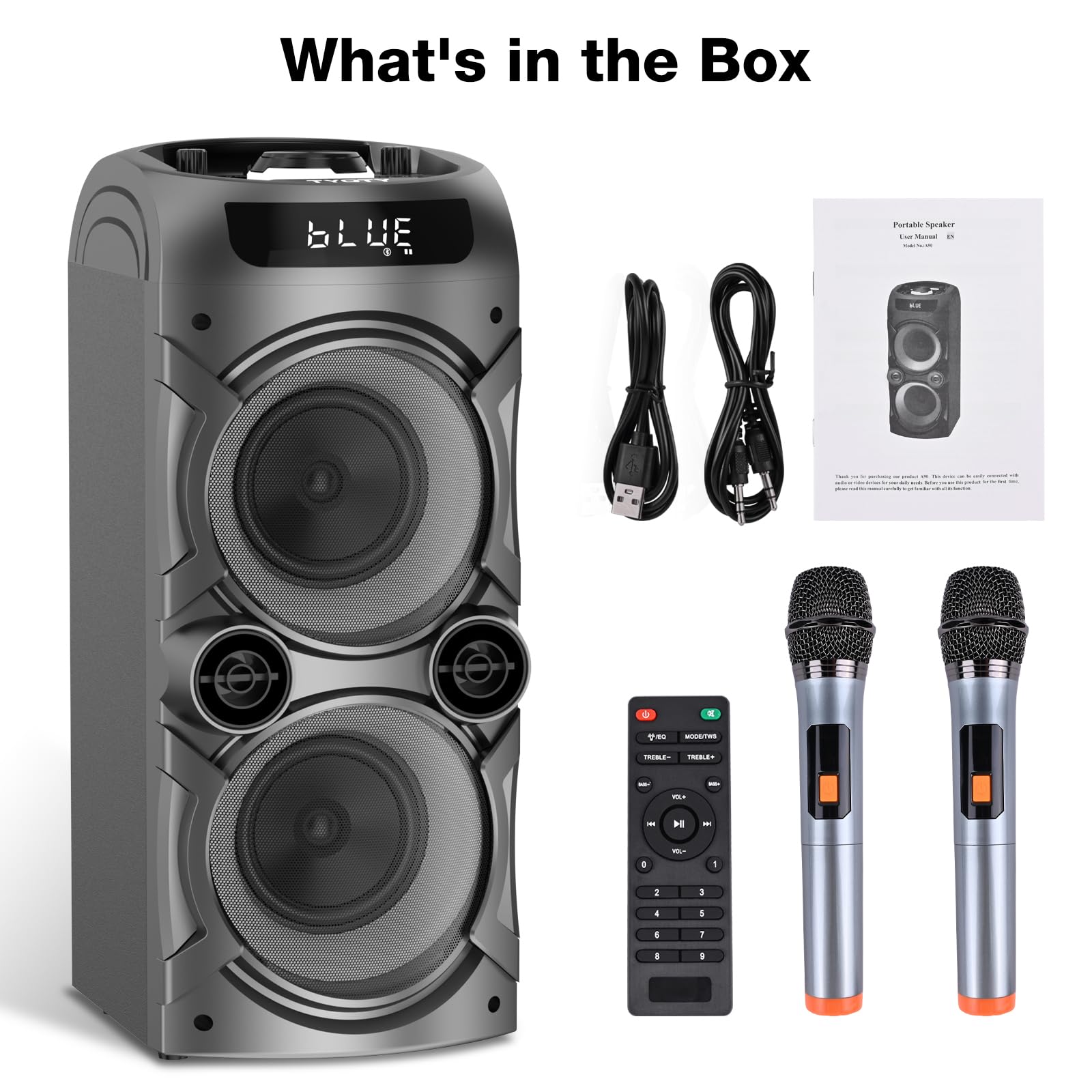 TYOTY Karaoke Machine with 2 Wireless Microphones, Portable PA System Big Bluetooth Speaker with LED Lights, Remote Control Support Bass/Treble Adjustment, TF Card/USB, REC for Adult Kids Home Party