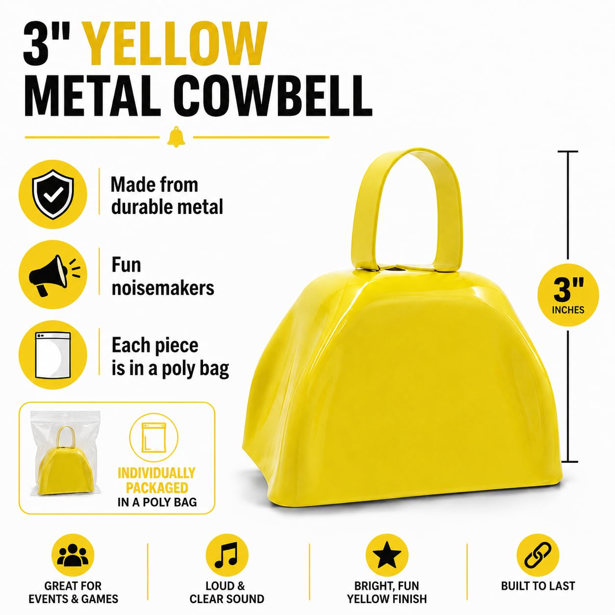 The Dreidel Company Yellow Metal Cowbell Noisemaker Cheering Bell, New Years, School Classroom, Wedding Bells & Chimes Percussion Musical Instruments Call Bell Alarm, 3″ (6-Pack)