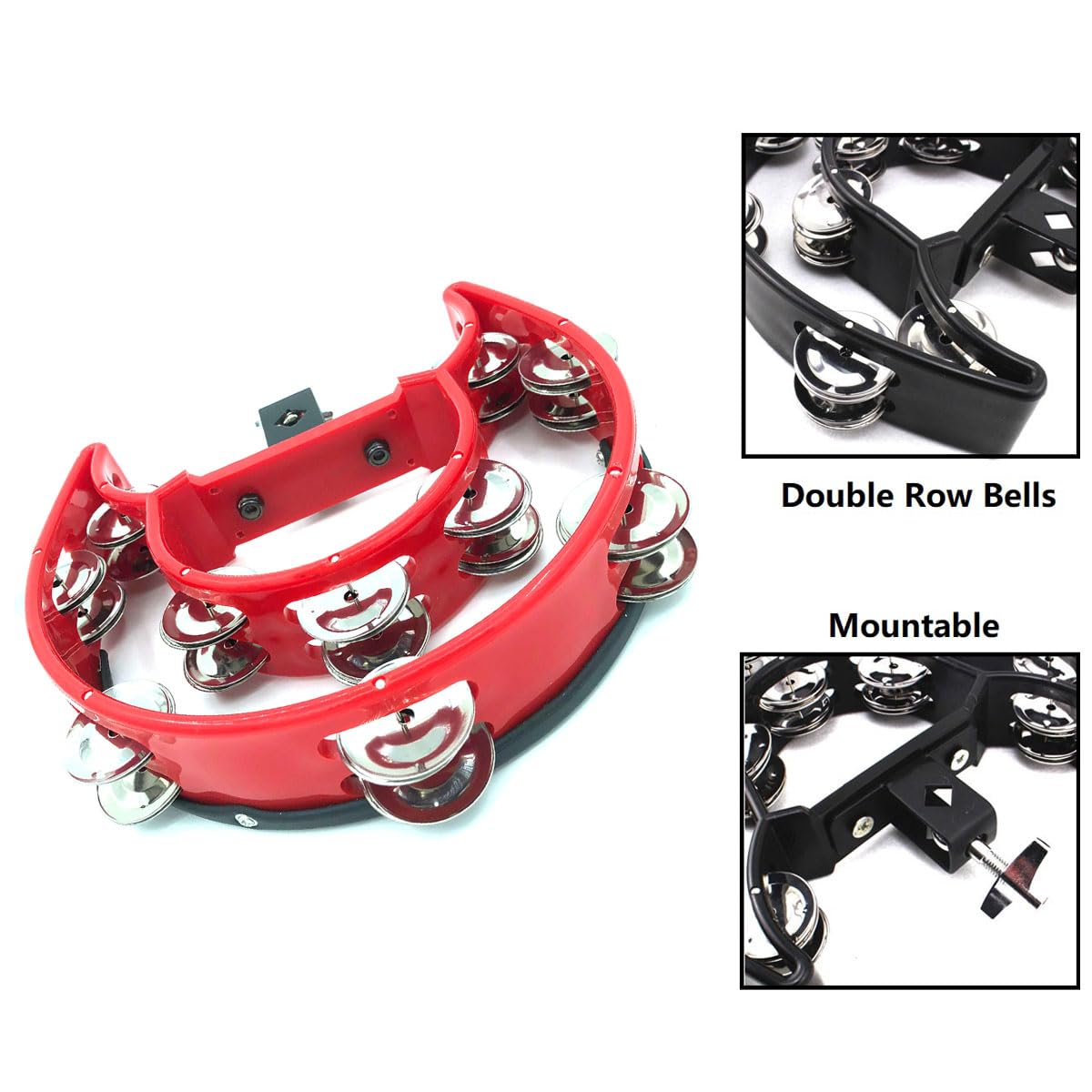 TUOREN Hi Hat Tambourine Half Moon Drum Set Mount With Double Row Bells and Mounting Eye Bolt for Drum Kit Percussion Accessories – Red