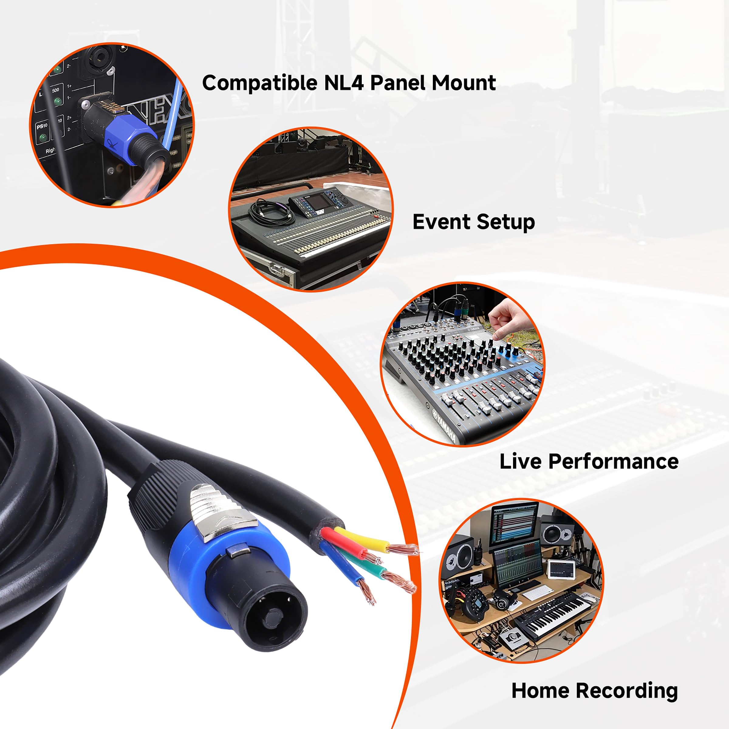 Rokkadaa 1Pc 4 Wire to Speakon Cable – 12 Feet 4 Conductor NL4FX Bare End