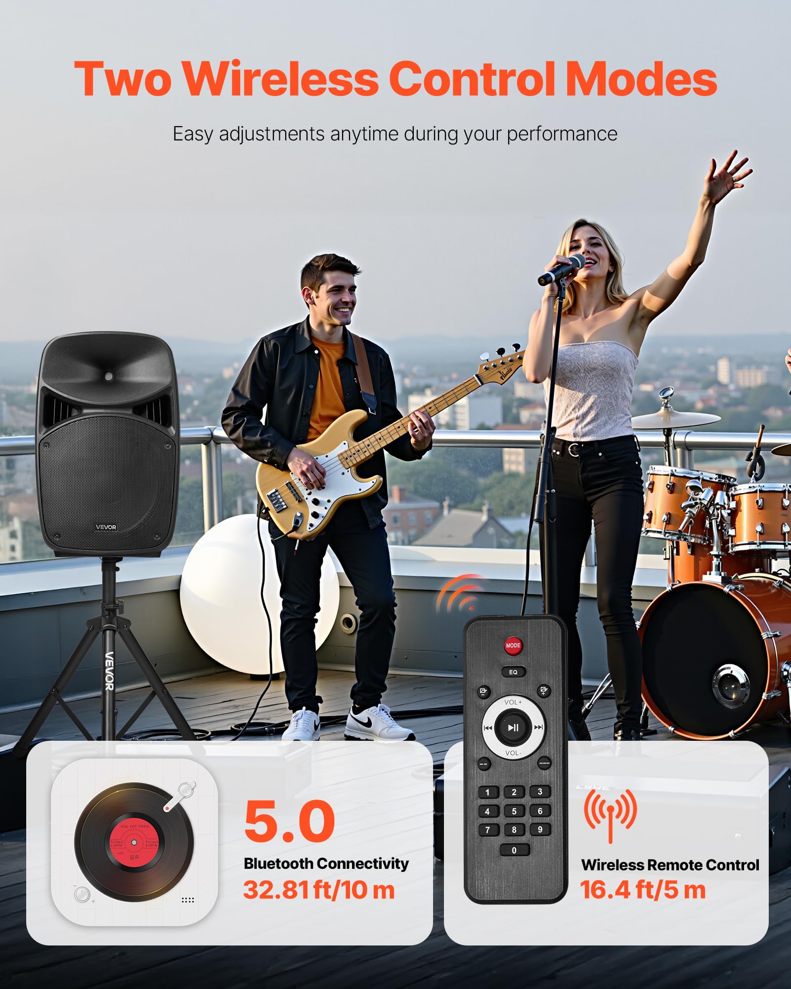 VEVOR Portable PA System, 2000W (PMPO) Powered, Sound System Set with 3 Channel Mixer, Dual Speakers, Wireless Bluetooth, Microphone, Compact Stands, USB & SD Inputs, Remote Control, for DJs Events