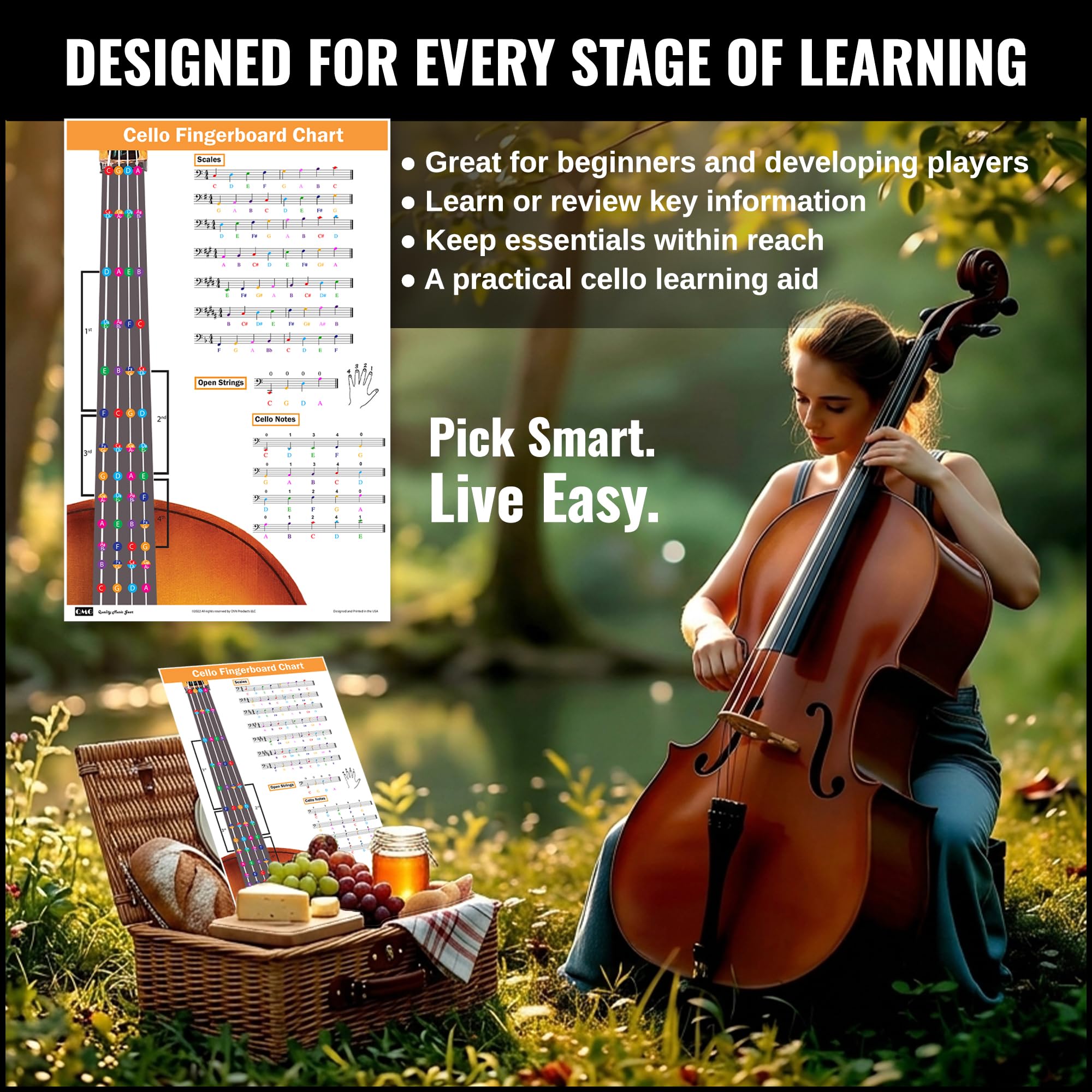 QMG Cello Fingering Chart with Color-Coded Notes, Cello Scales Techniques Suitable for All Levels