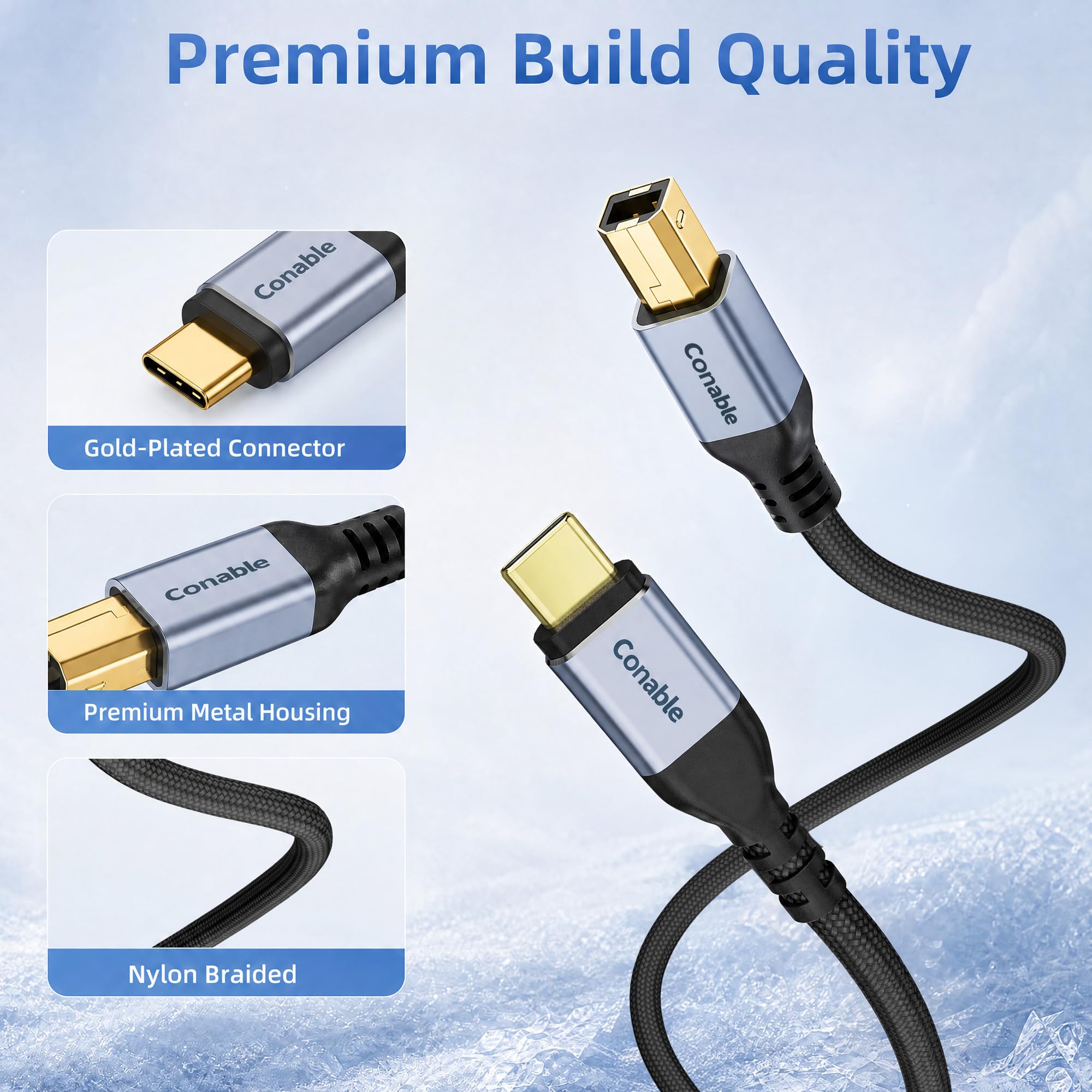 Conable USB B to USB C Cable 2FT, Braided USB C Printer Cord, USB C MIDI Cable for MacBook Pro/Air HP, Compatible with Yamaha Piano, DJ Controller, DAC, Keyboard, Printer, Scanner