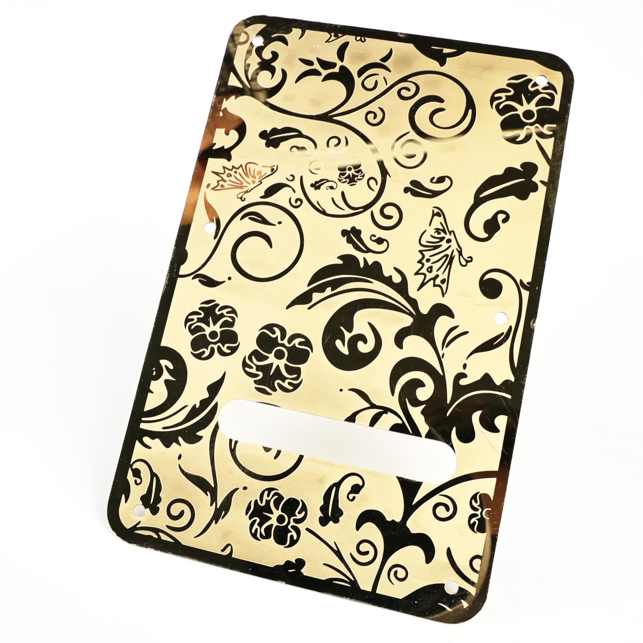 OVSAL Stainless Steel Guitar Back Plate 6 holes Engraved Metal Trem Tremolo Cover Electric Guitar Back Cover Plate Compatible with USA/Mexican Standard FD Strat ST Replacement Parts (Gold)