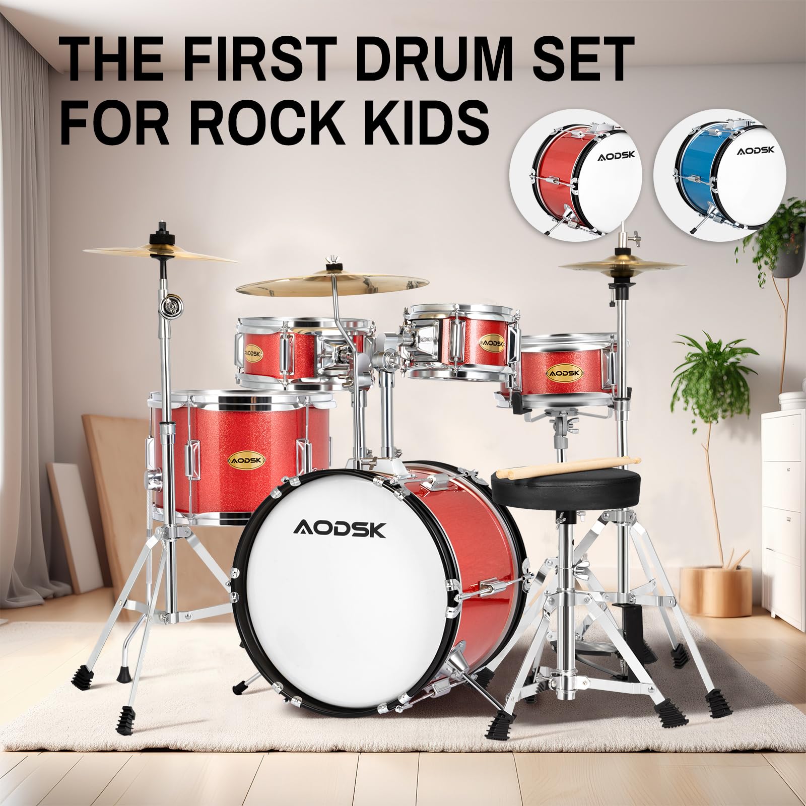 AODSK 5-Piece 14″ Junior Drum Set with Throne, Cymbal Hi-Hat+Sticks, Red