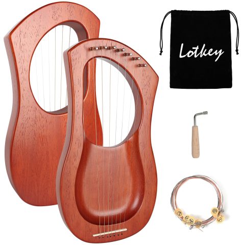 Lotkey 7 String Concave Lyre Harp, Handcrafted Solid Okoume Wood Harp for Beginners, Musical Instrument Portable Gift with Storage Bag, Tuning Wrench & Spare Strings for Kids & Adults.