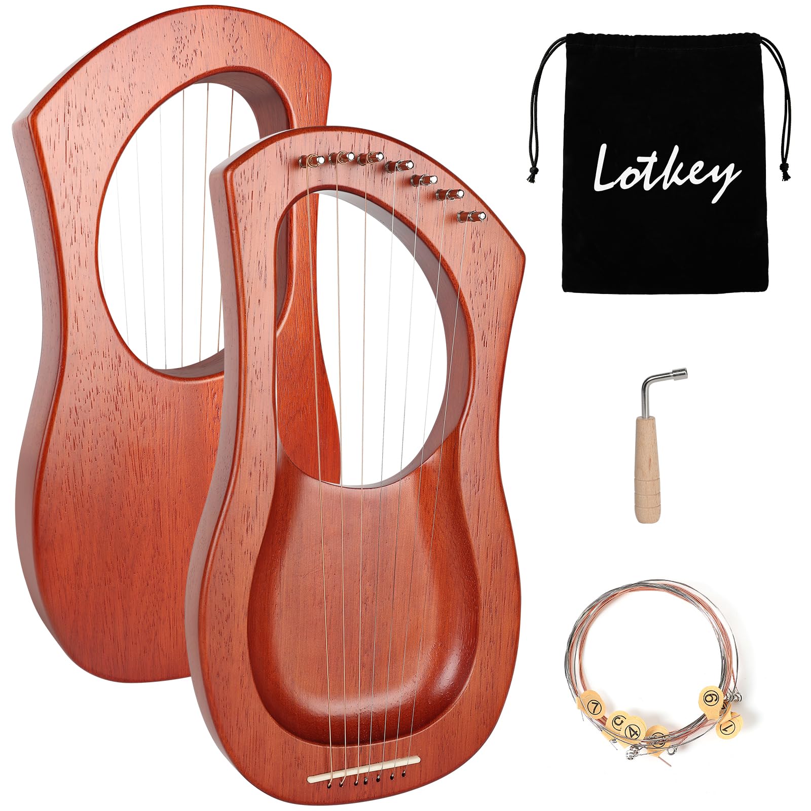 Lotkey 7 String Concave Lyre Harp, Handcrafted Solid Okoume Wood Harp for Beginners, Musical Instrument Portable Gift with Storage Bag, Tuning Wrench & Spare Strings for Kids & Adults.
