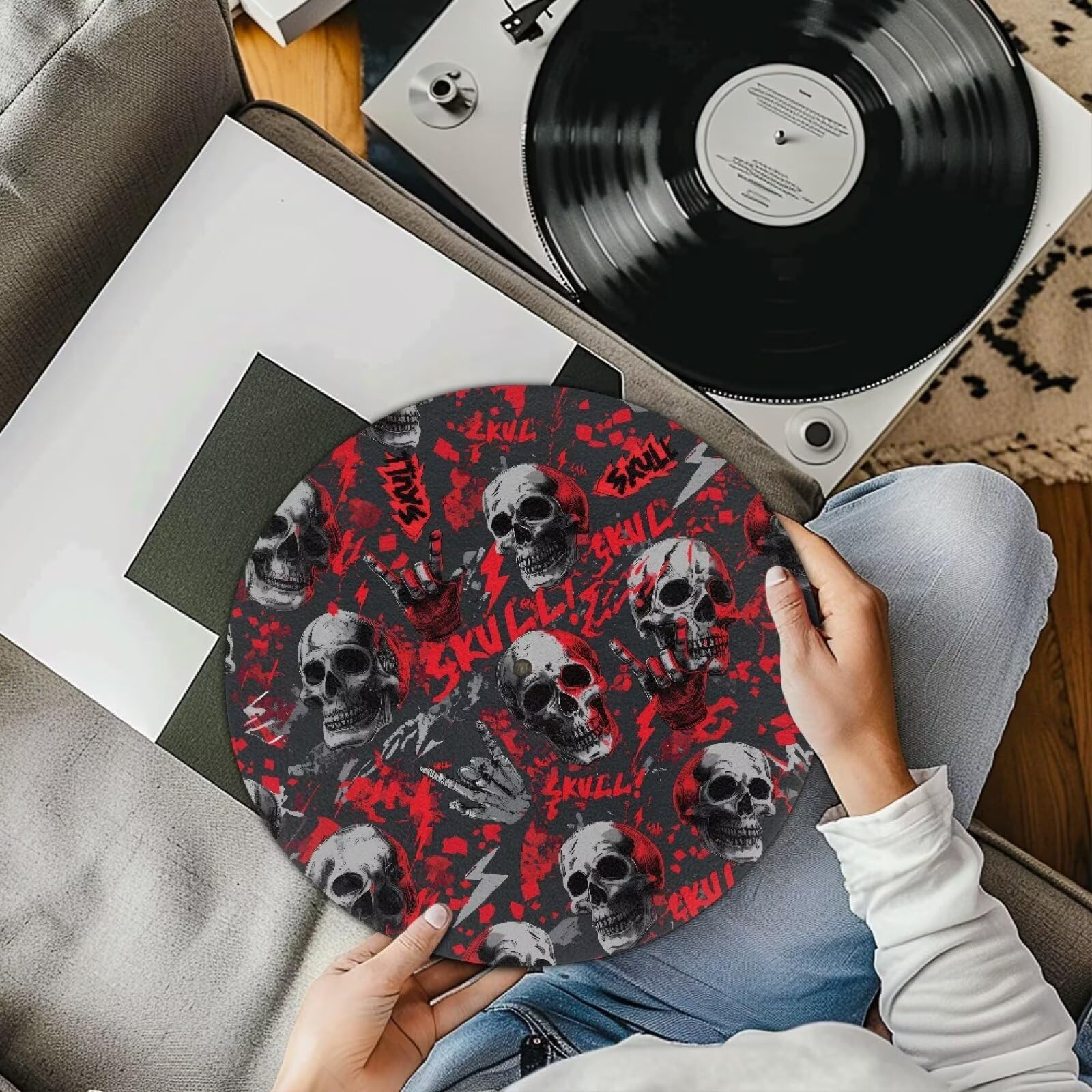 PJHEQOXE Turntable Mat,11.6 Inch,Halloween Skull Print Red
