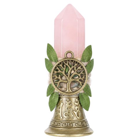 RENEMEGO Pink Crystal Hand Bell, Vintage Brass Witch Bell for Energy Cleansing, Witchcraft Altar Supplies with Tree of Life Decoration for Wiccan Ritual Meditation Spiritual Home Decor