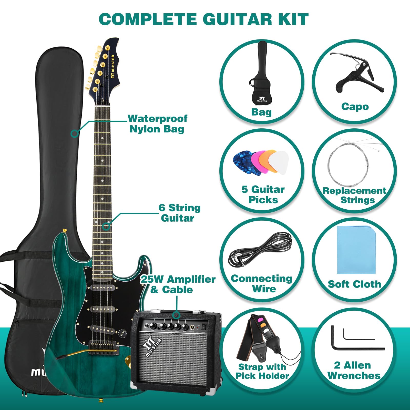 MUSTAR Electric Guitar Kit with 25W Amplifier, 39 Inch Full Size Solid Wood Electric Guitar Beginner Kits, Gig Bag, Digital Tuner, Capo, Strap, Cable, Picks, Birthday Holiday Gifts (Green, MEG-100)