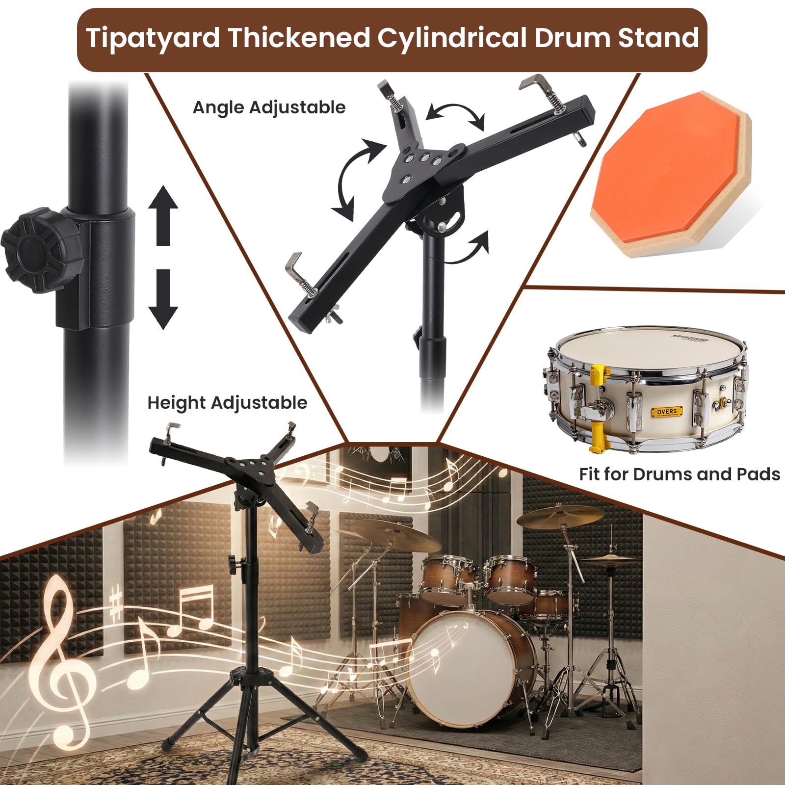 tipatyard Drum Pad Stand, Adjustable Angle Silent Drum Pad Stand,Fit for 10-12 Inch Drum Practice Pad, Height Range 22-36 Inches for Drum Beginners, Black