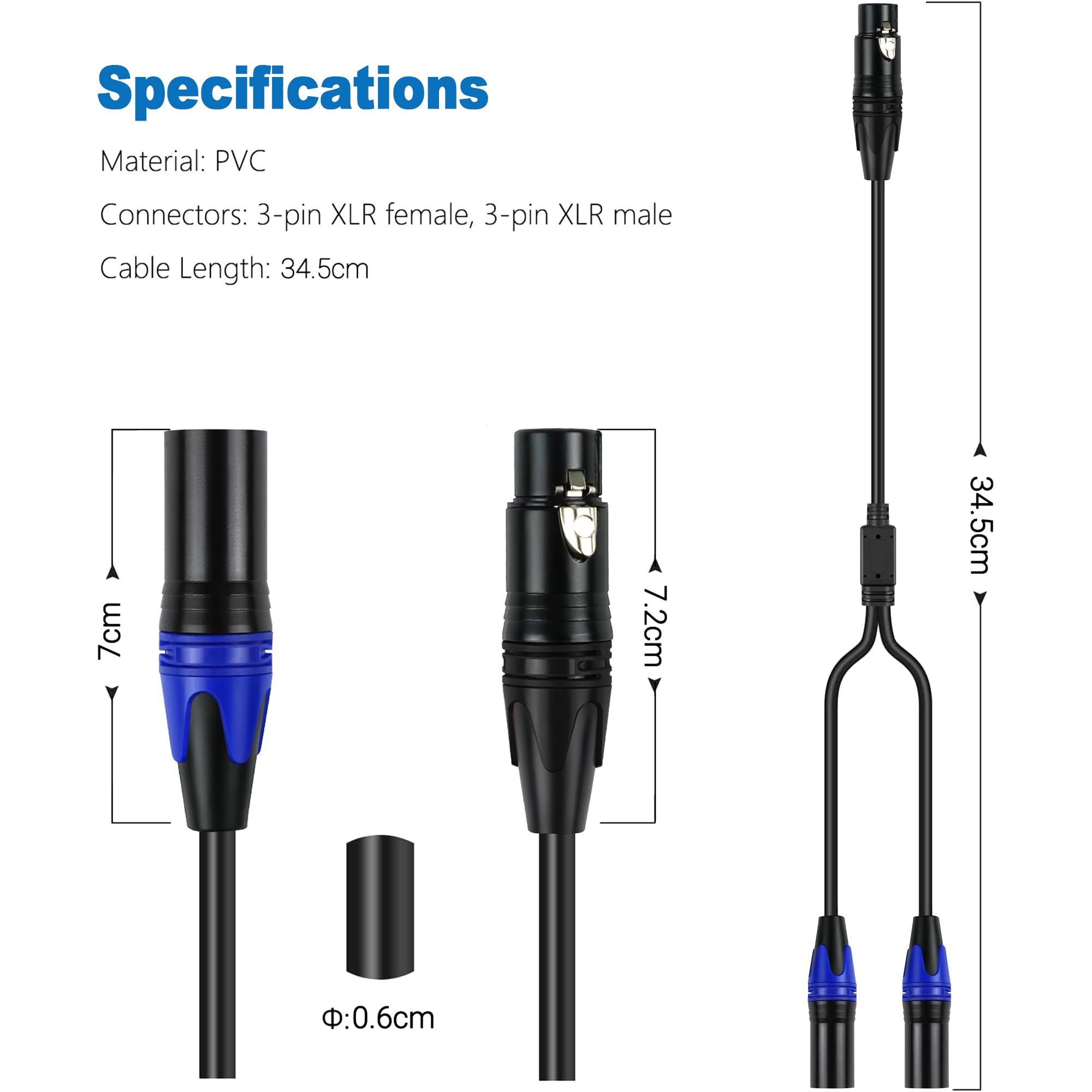 LanSenSu XLR Female to 2 XLR Male Patch Y Cable, Balanced Microphone Splitter Cord, Audio Adaptor, 11.8 Inches (2Pack)