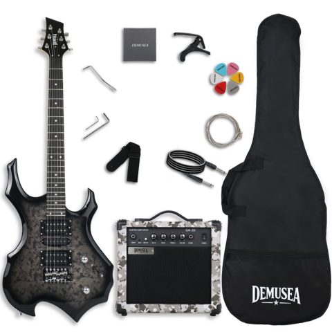 Demusea Electric Unique Shape Guitar With 20W Camo Amp Kit Bundle 39Inch Guitar 24Frets Single Tremolo HSH Pickup Noiseless Cable Capo Bag Strap Picks Strings Wrenches Free In (FIRE, Camo Grey)