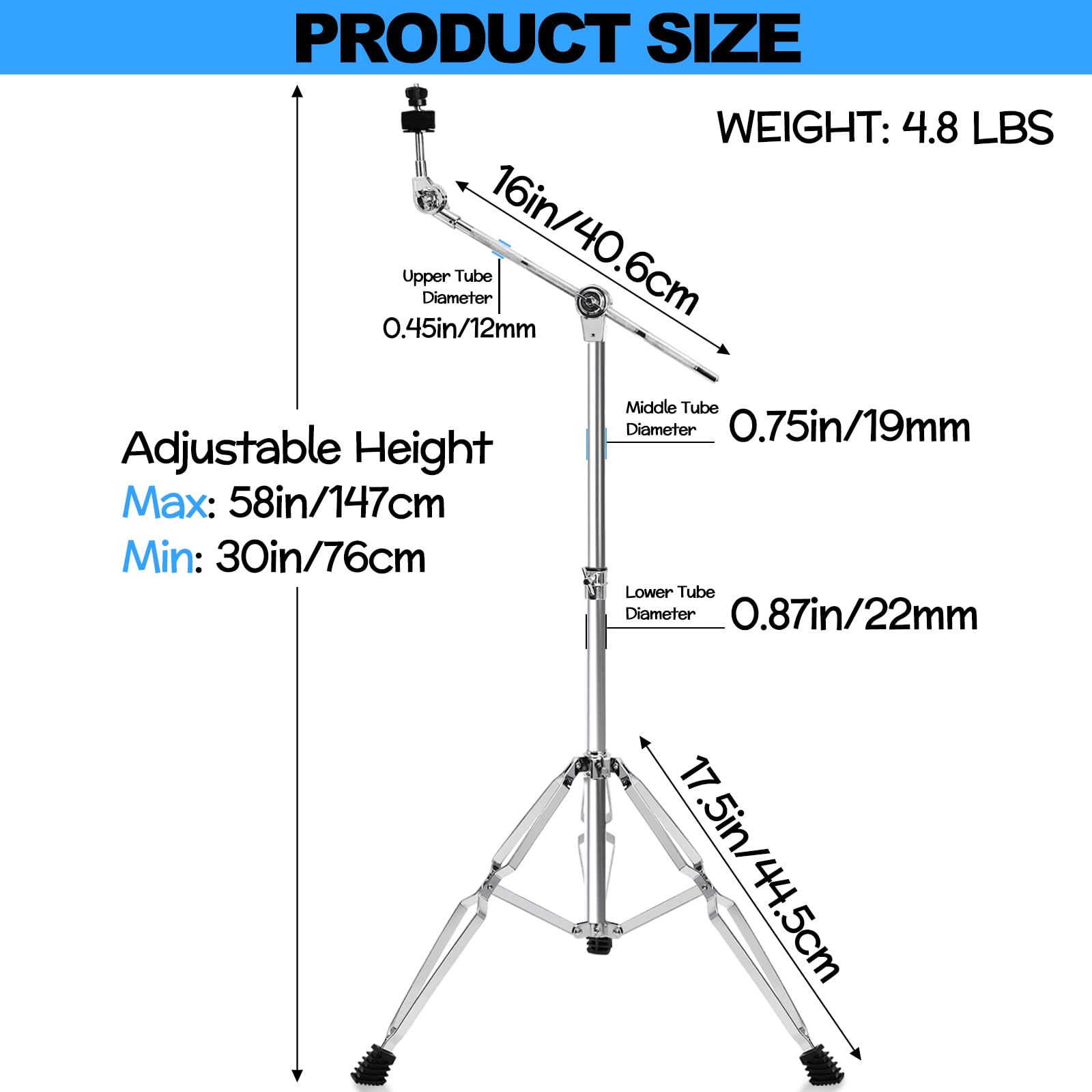 Youeon Cymbal Boom Stand Adjustable Height 30″-58″, Double Braced Tripod Cymbal Straight Stand with Non-slip Rubber Feet for Mounting Crash, Ride, Splash Cymbals