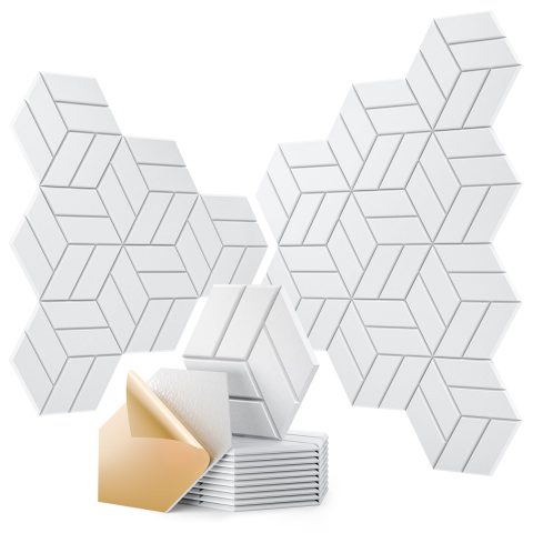 OTUOER 12Pcs Acoustic Panels with Self-Adhesive, 12″X 10″X 0.4″ Sound Proof Foam Panels for Walls, Hexagonal Soundproof Wall Panels High Density, Sound Panels for Home Studio Office (White)