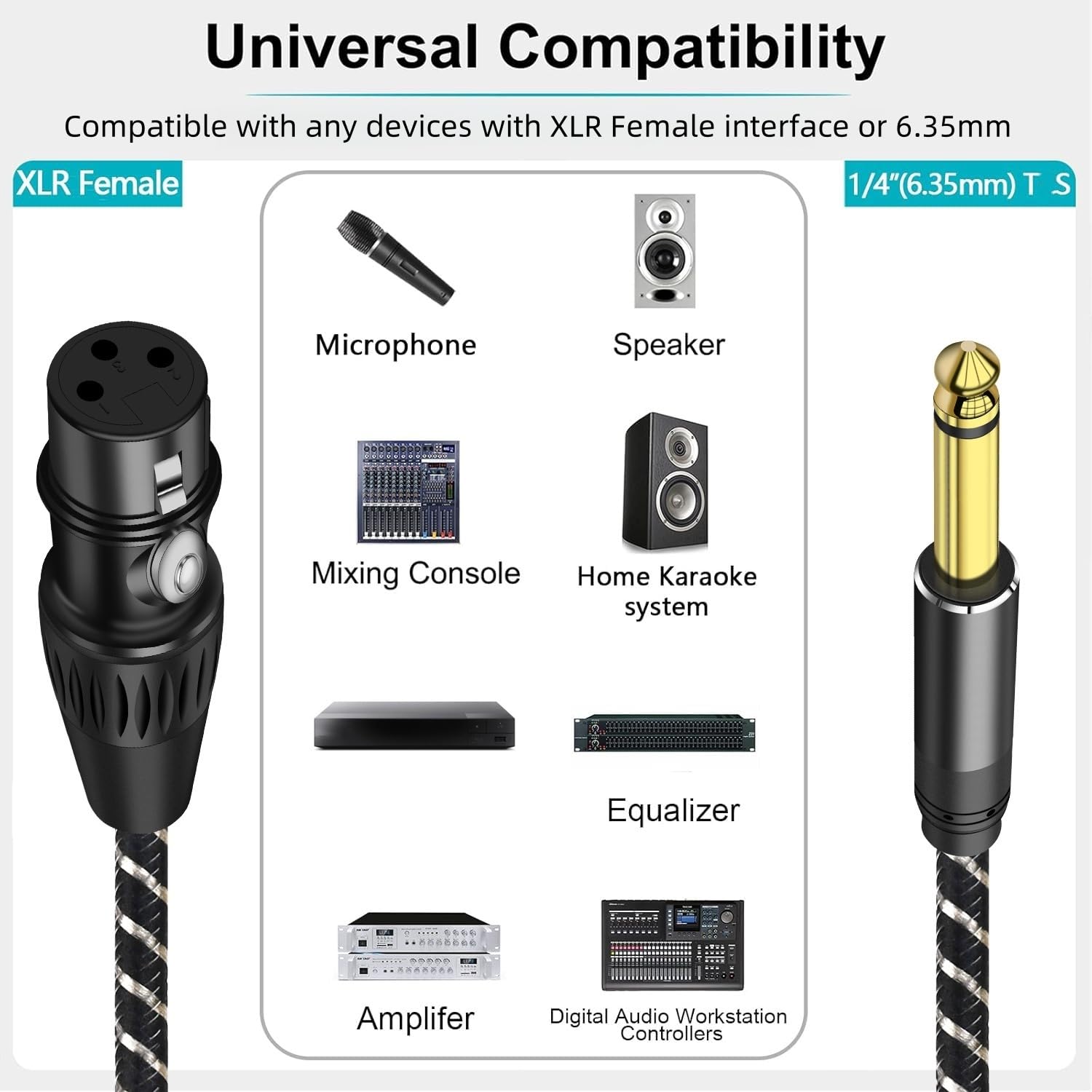 QIMIAOUS Female XLR to 1/4 Inch (6.35mm) TS Mono Jack Microphone Cable, 3.3FT Unbalanced 3 Pin XLR Female to Quarter inch TS Male Mic Cord for Dynamic Microphone Guitar Mixer
