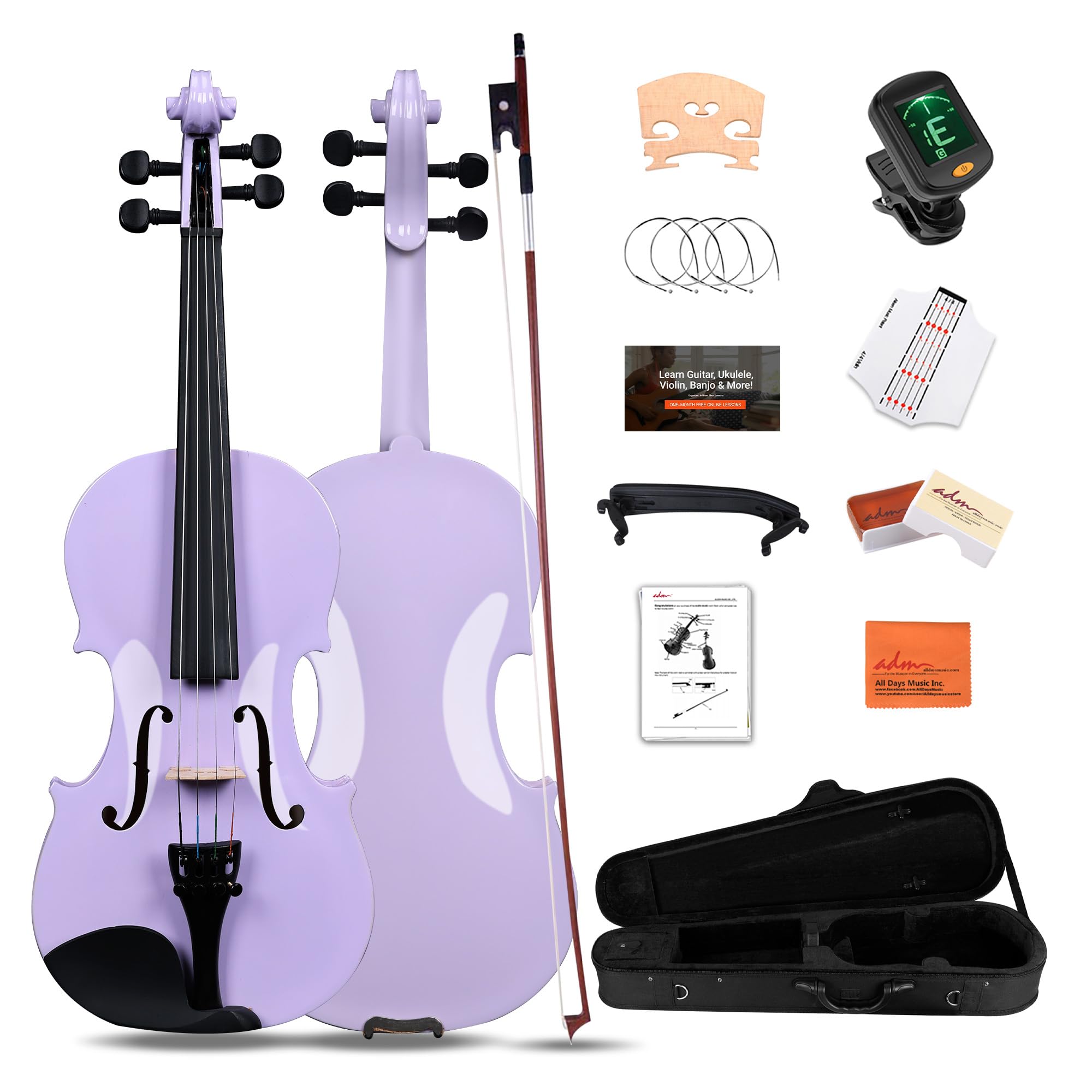 ADM Acoustic Violin for Kids Beginners, 3/4 Size Acoustic Violin Fiddle for Teens Students Violin Starter Kit with Hard Case, E-Tuner, Rosin, Shoulder Rest, Bow, Extra Strings, Free Lessons, Purple