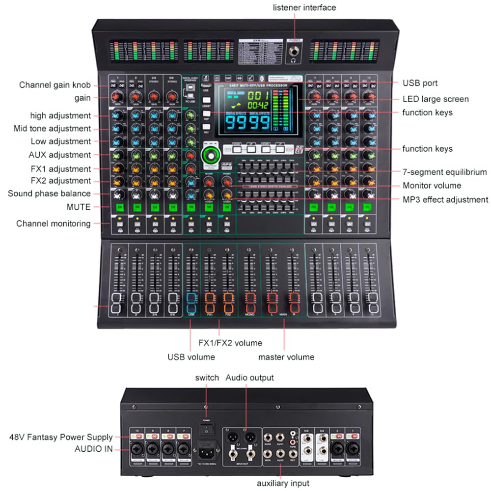 Yamnweo GF8PRO Multifunction 8 Channel Audio Mixer, LCD Color Screen, Supports Multi-Effect Audio Processing, Built-in 7 Band Equalizer and 99 Reverb DJ Mixer for Performance and Studio (GF8 FBM)