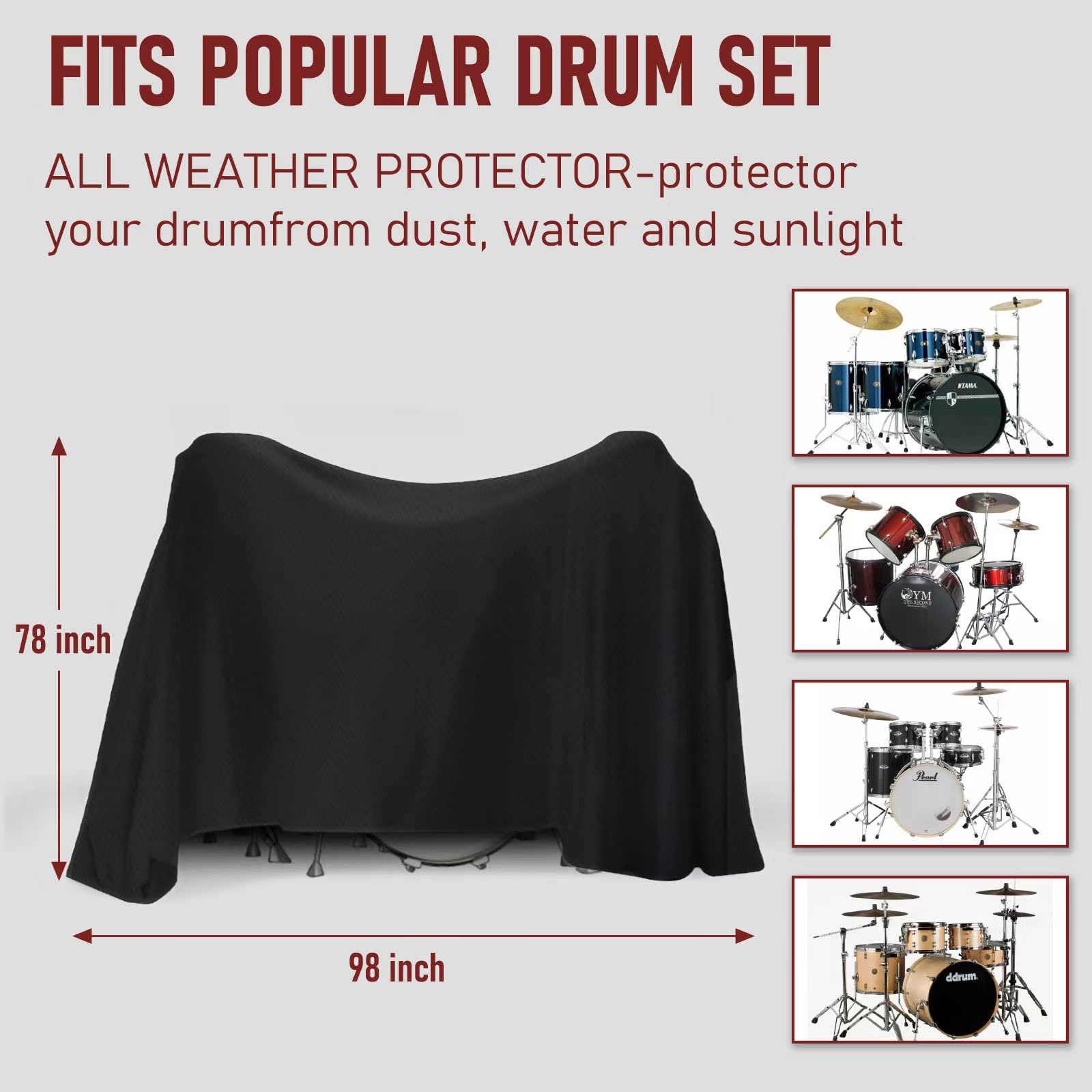 Drum Set Dust Cover With Sewn-in sewn-in weighted corners Windproof Drum Kit Cover for Outdoor Musical Instruments (78 x 98 inch)