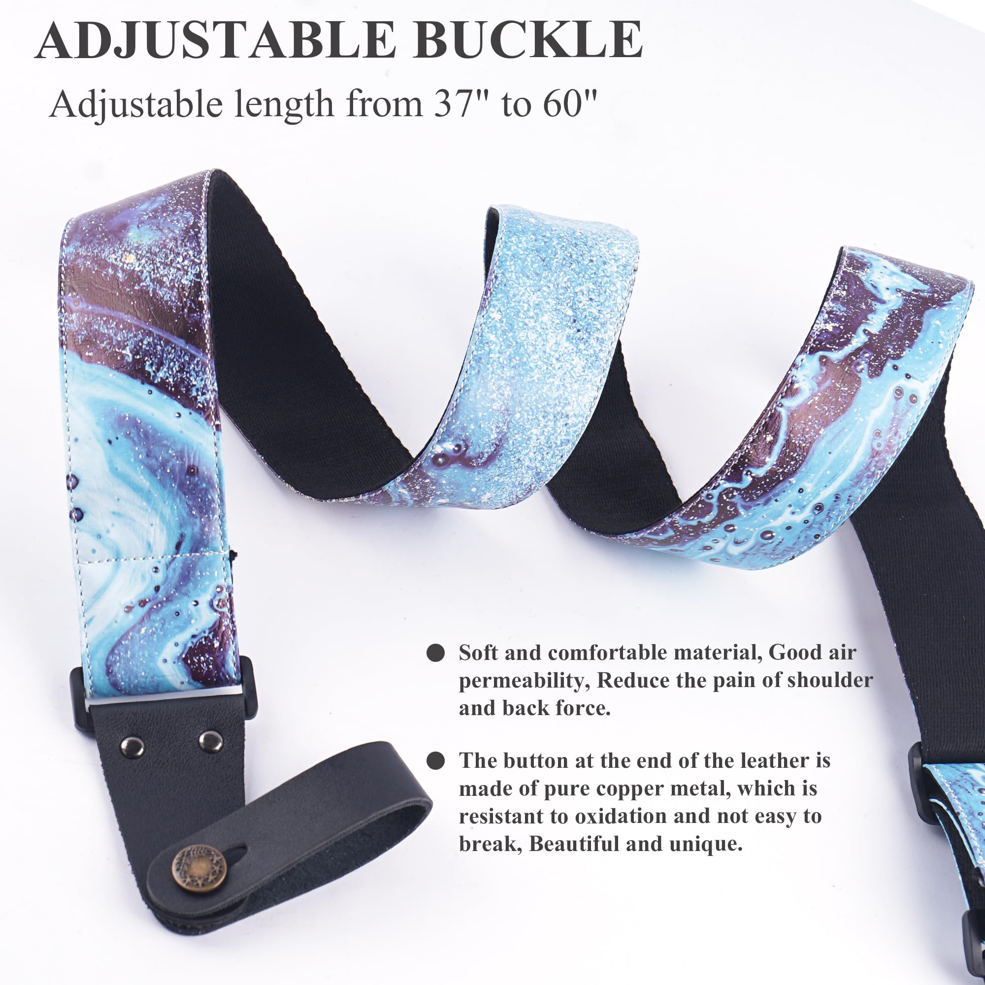 LIZIMANDU Adjustable Guitar Strap Includes 2 Strap Locks & 2 Matching Picks & 1 Picks Holder & 1 leather Strap Button(1-Printed Blue Quicksand)