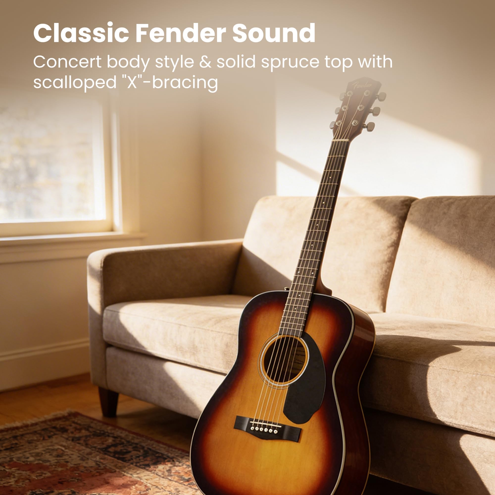 Fender CC-60S Solid Top Concert Size Acoustic Guitar Bundle with Gig Bag, Tuner, Strap, Strings, Picks, Fender Play Online Lessons, and Austin Bazaar Instructional DVD – Natural