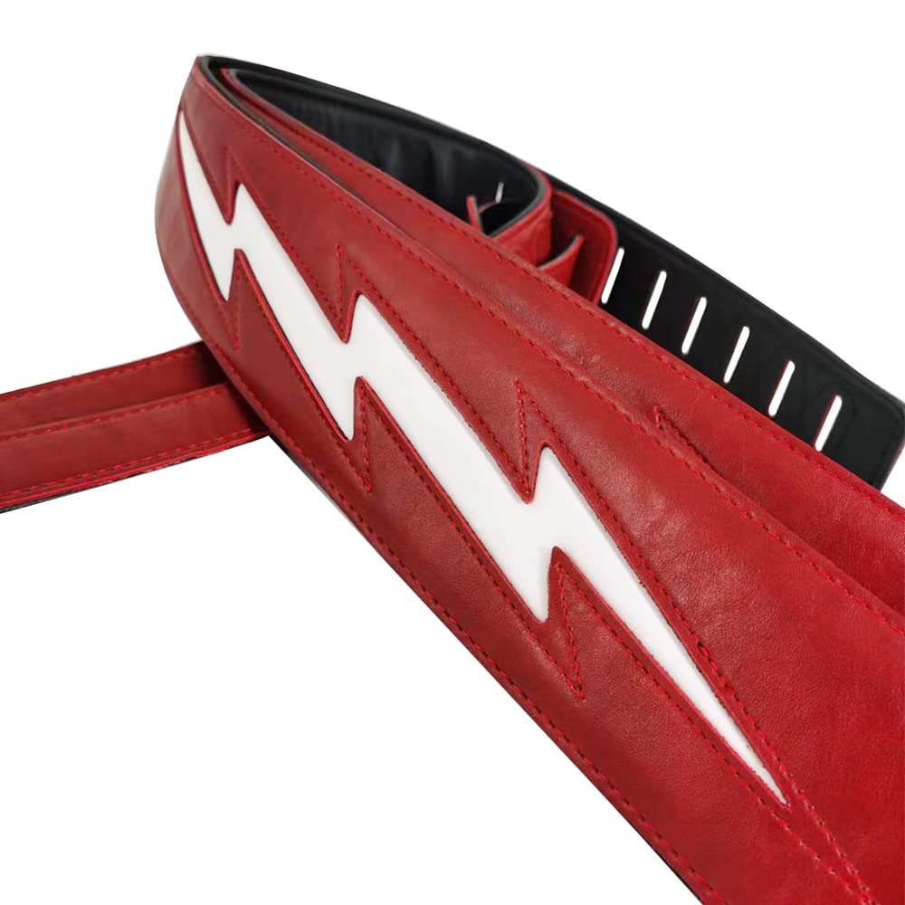 adiya Guitar Strap with Lightning Bolt for Electric Guitars/Bass, Leather Adjustable Length,Black/White/Red Available (Red body white lightning)