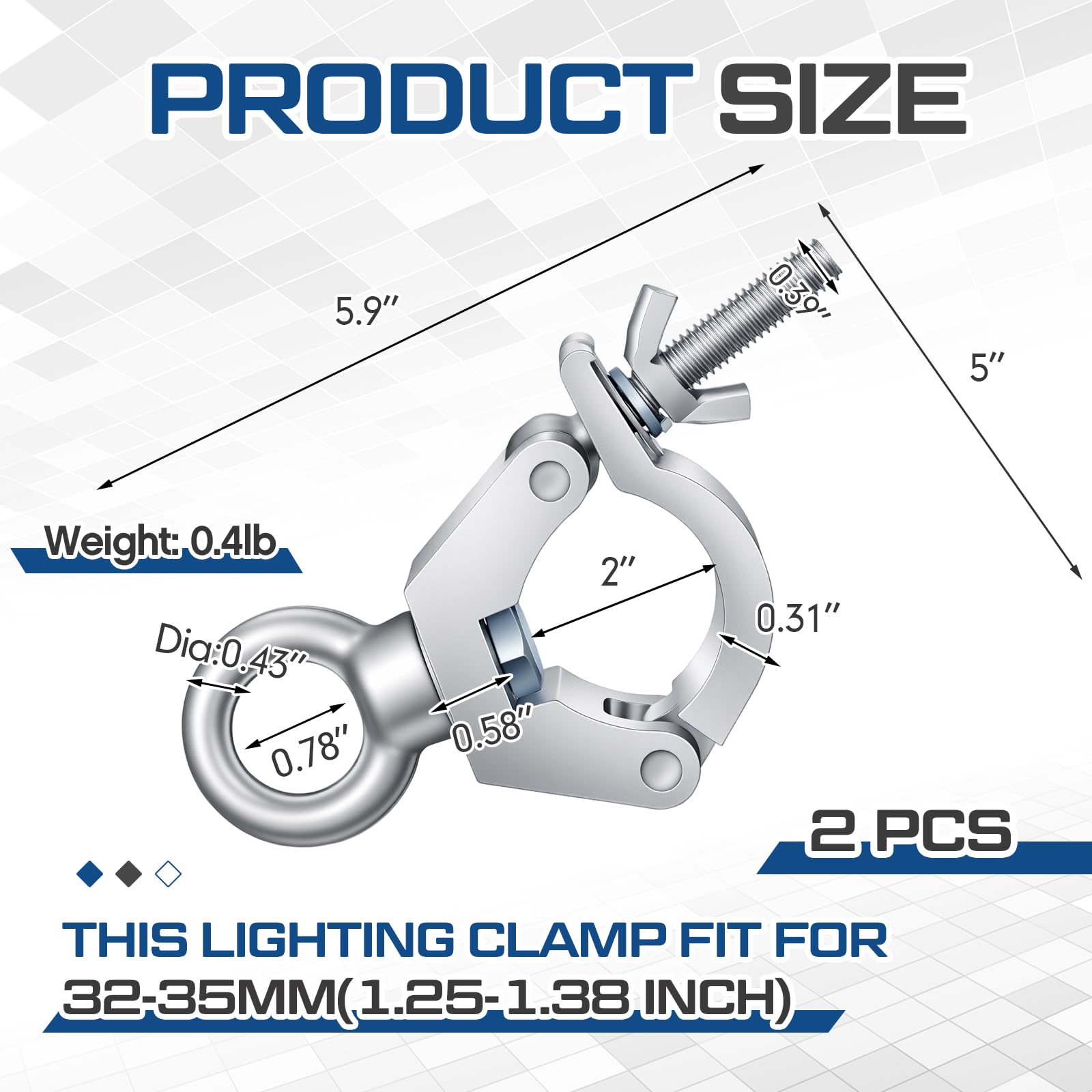 Pelopy 2 Pcs 1.25″ Truss Clamp with Eye Bolt for 32-35mm Truss Tube, Silver