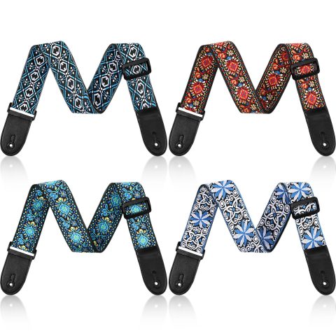 Fiada 4 Pcs Guitar Straps Electric Bass Acoustic Cotton Guitar Straps Adjustable for Musical Instrument Gift(Blue, Red,Flower Style)