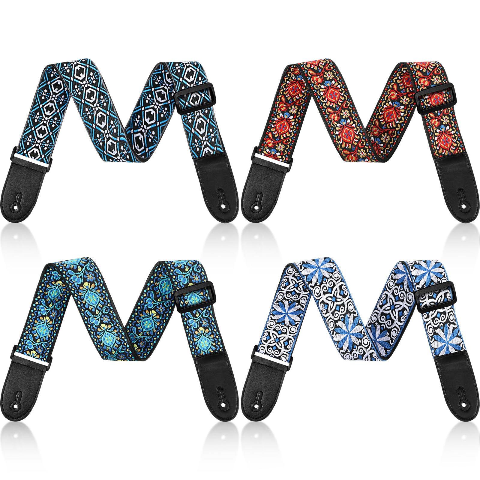Fiada 4 Pcs Guitar Straps Electric Bass Acoustic Cotton Guitar Straps Adjustable for Musical Instrument Gift(Blue, Red,Flower Style)