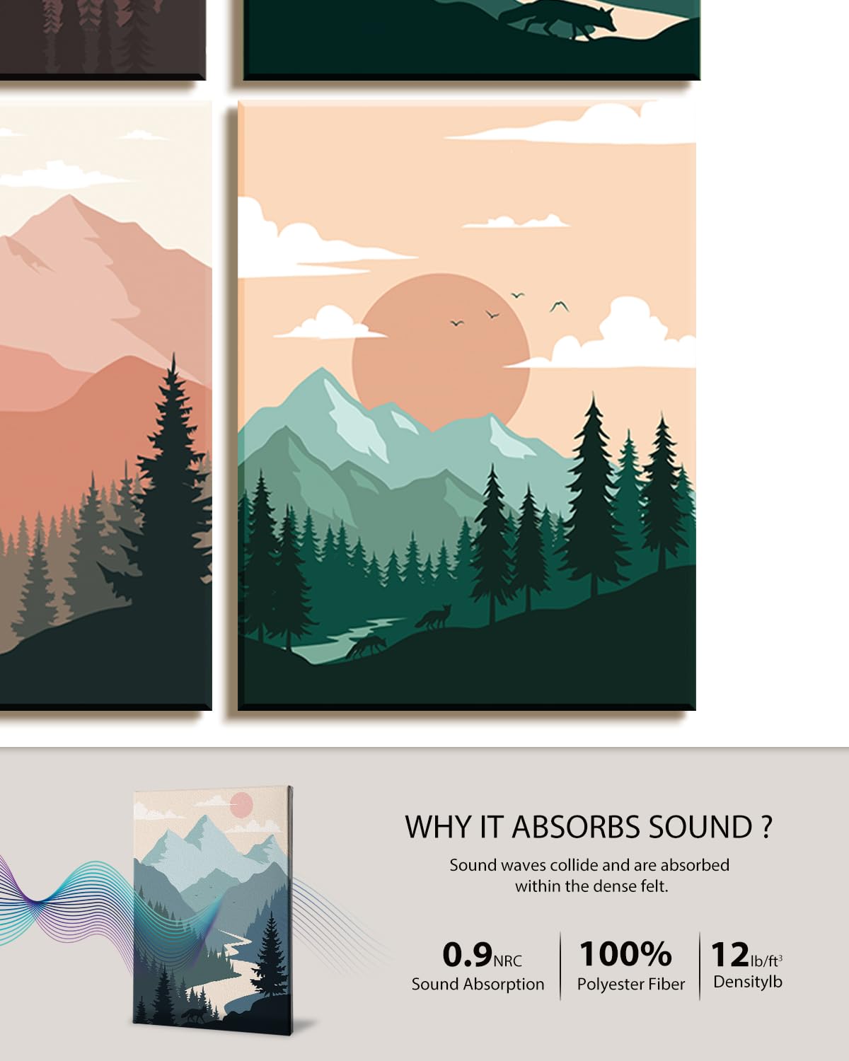InSimSea Acoustic Art Wall Panels, Minimalist Boho Mountain, 48x32in