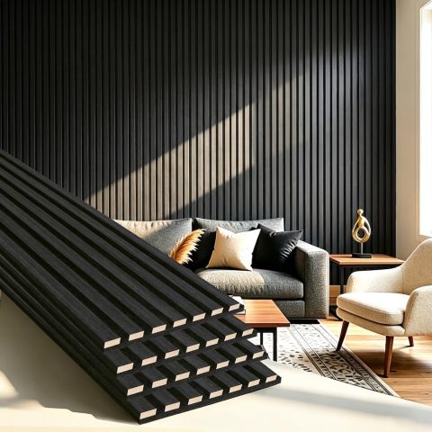 Wood Slat Wall Panels – 4 Pack 93.7″ × 11″ – Acoustic Panels Noise Reduction for Home Office Studio, 3D Fluted Sound Dampening Absorbing Panels, Matte Black