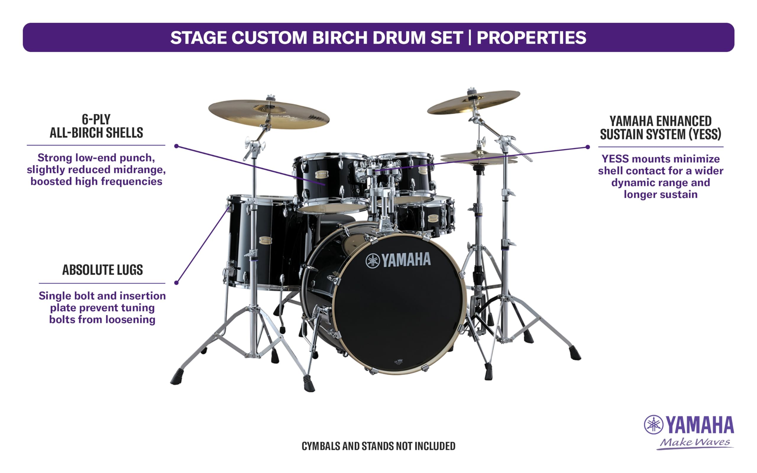 Yamaha Stage Custom Birch 5pc Drum Shell Pack With a 20″ Kick Drum and 14” Snare Drum in Raven Black For Students and Working Drummers (SBP0F50RB)
