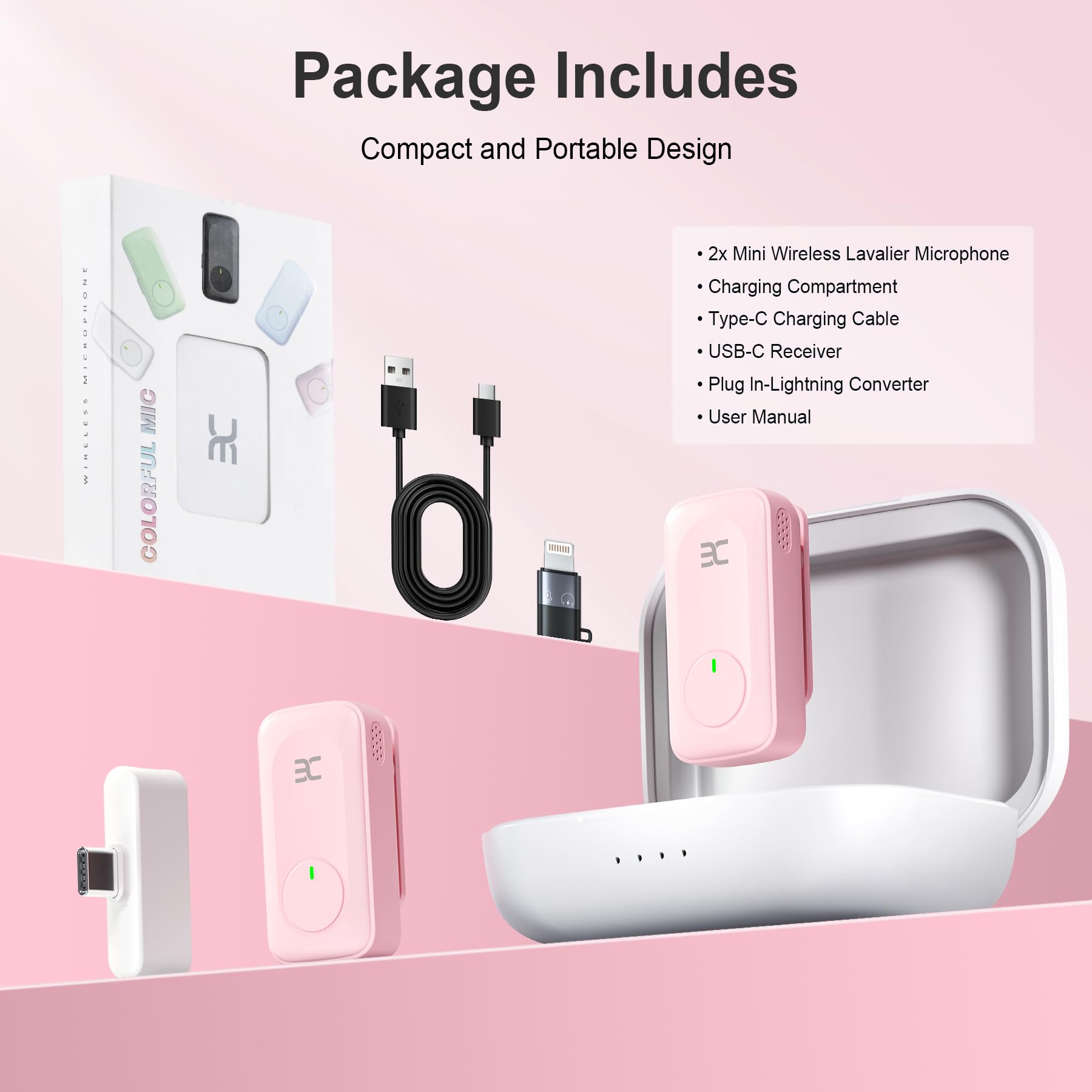 EX Wireless Lavalier Microphone System, Dual Clip-On Mics + Charging Case, 164ft Range Plug-and-Play for iPhone/Android, Advanced Noise Reduction, 48H Runtime-Video Recording, TikTok, YouTube, Pink