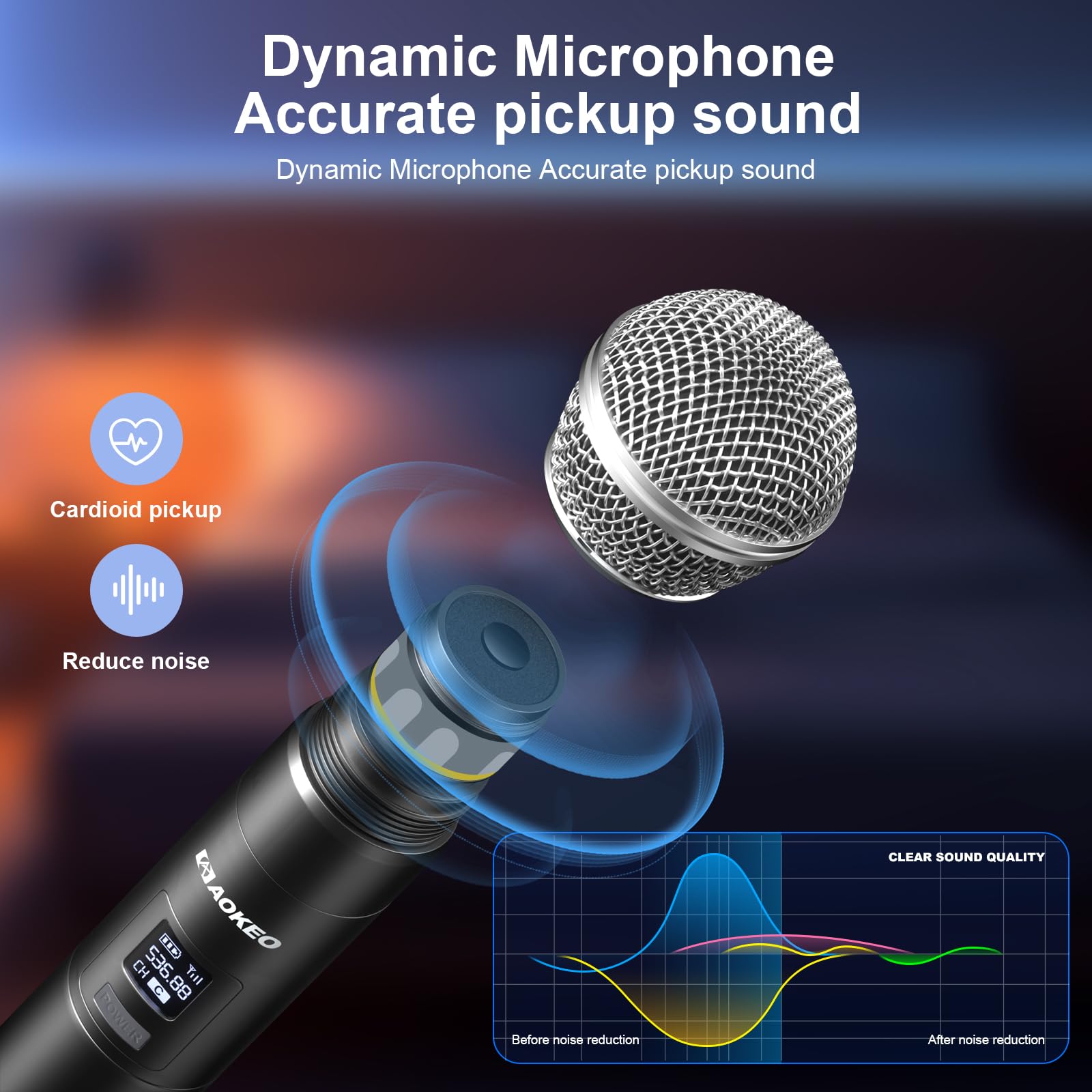 Aokeo Wireless Microphones System, 4 Channel UHF Wireless Mics,with 4 Handheld Dynamic Microphones,Metal Receiver for Karaoke,Singing,Wedding,Party,Speech,Church