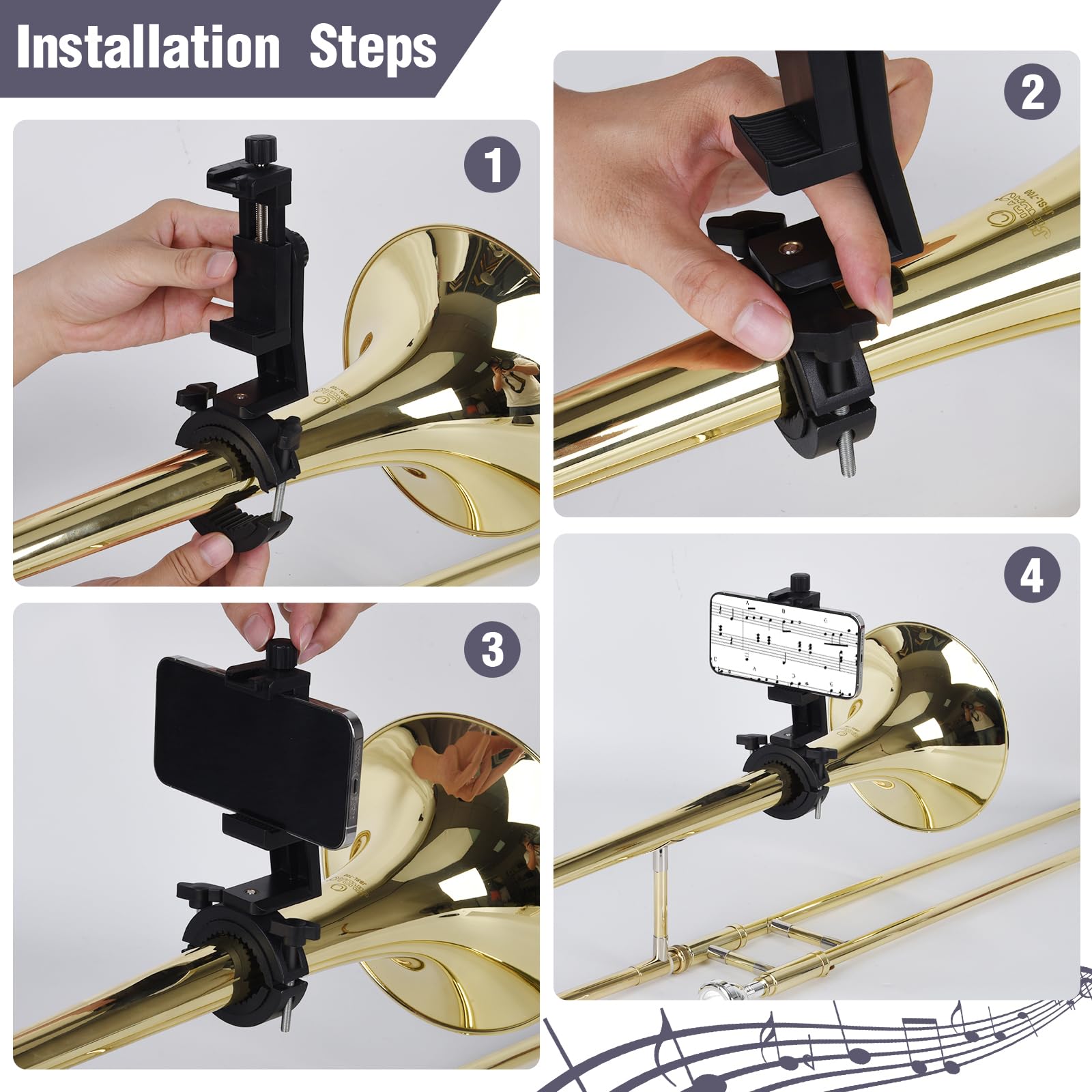 Adjustable Trombone Phone Lyre,1.5”-2.5” Low Brass Lyre for Trombone, Mellophone,- Fits of 99.9% of Smartphones