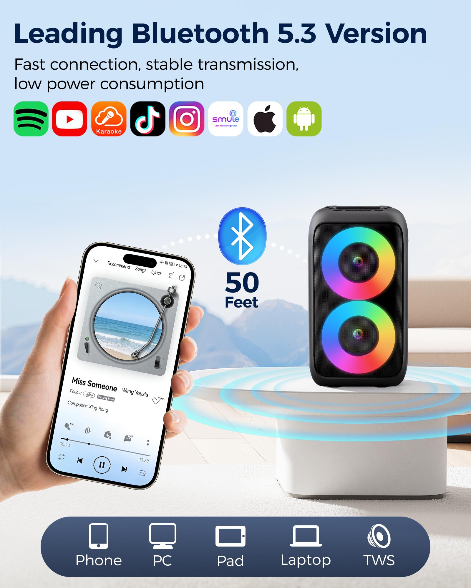 Bluetooth Speaker with 2 Wireless Microphones for Home Outdoor Party