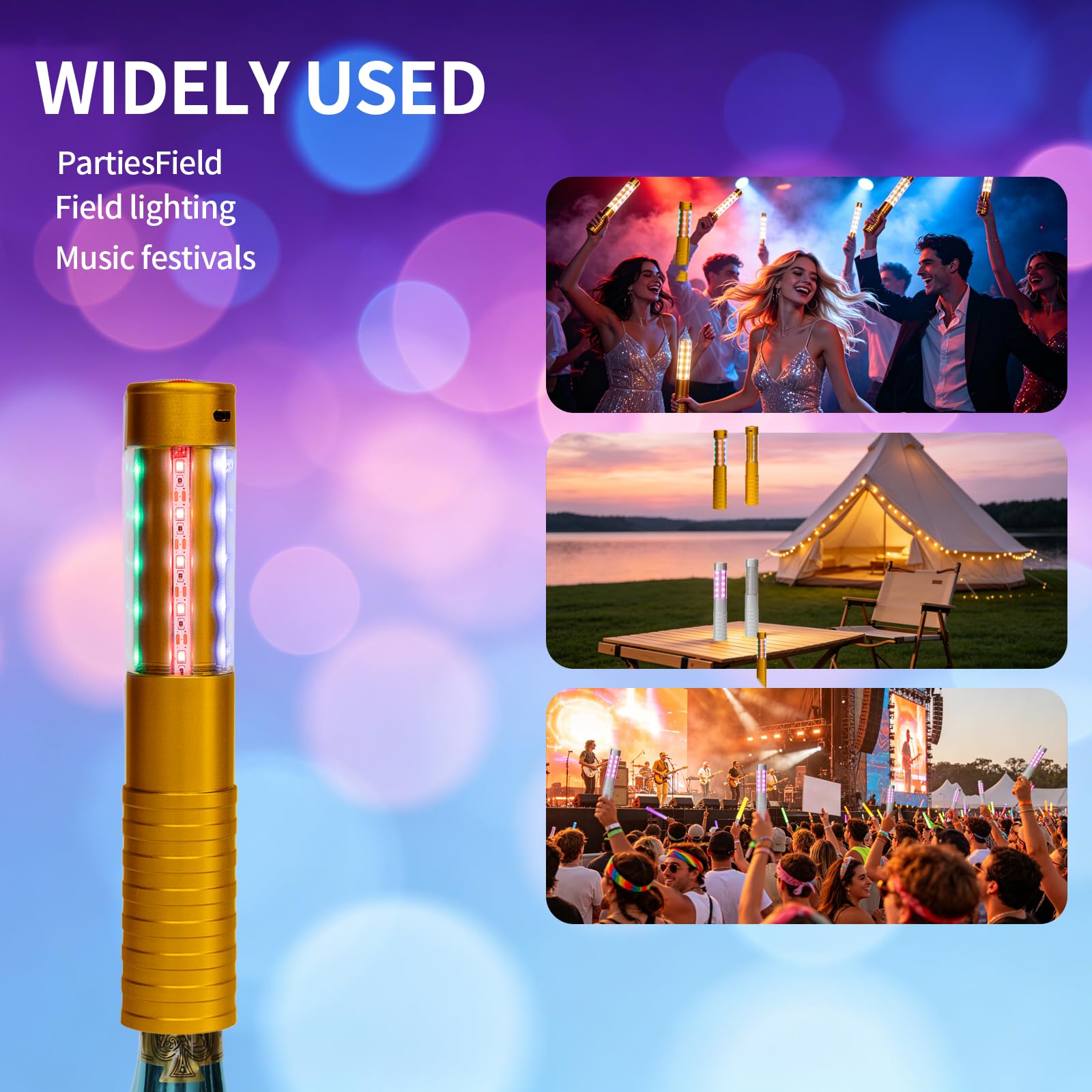 Strobe Bottle Girl Lights LED Bottle Service Lights Baton Reusable Rechargeable Service LED Champagne 2 Pcs for Bar Club Birthday Weddings Parties (Gold PC-Abs Colored Light 2Pcs)