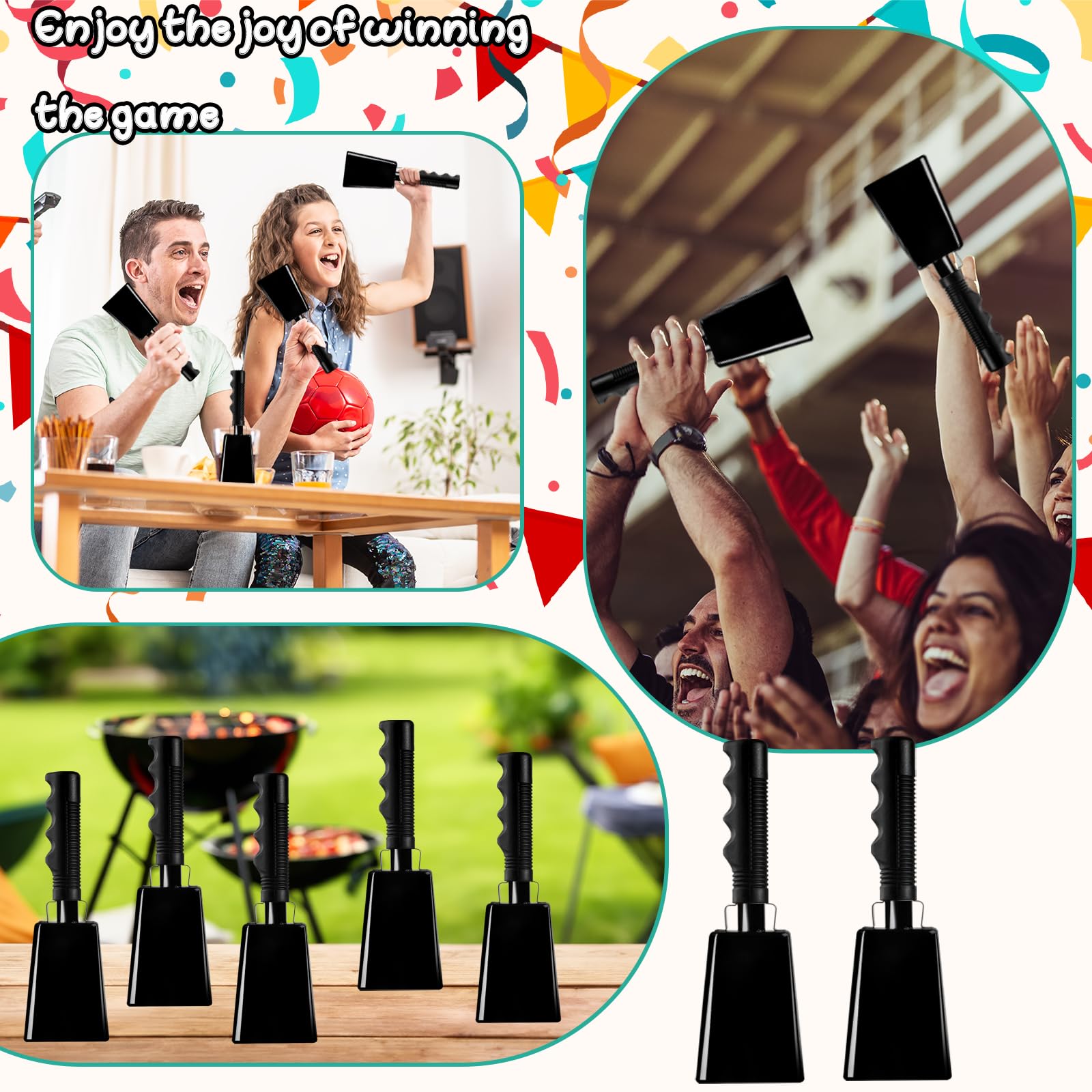 9 Inch Black Cow Bell Noise Makers with Handle Black Steel Cowbell for Sporting Events Cheering Graduation Decor Football Games Party (Black)