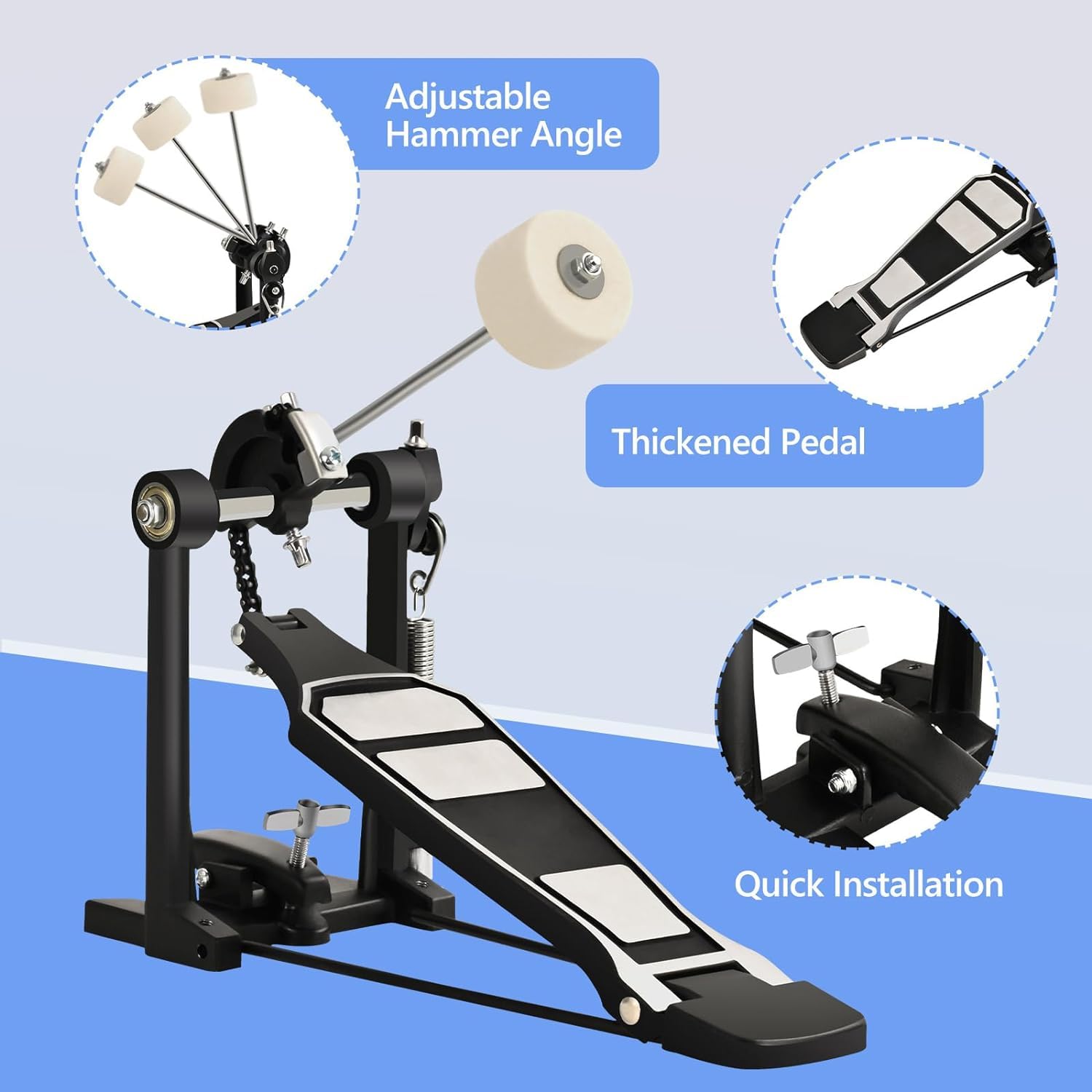 Tipatyard Single Bass Drum Pedal Single Pedal for Drum Set Kit and Electronic Drums | Single Chain