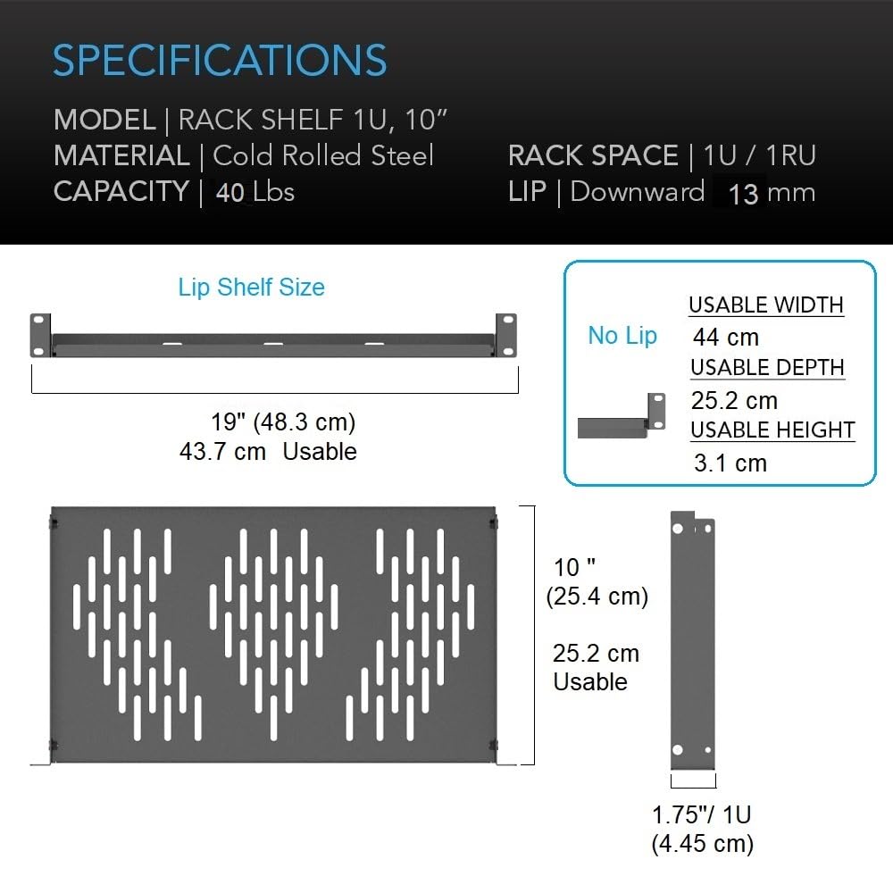 Beiyier 1U Universal Rack Shelf, 10″ Deep Vented Cantilever Tray, for 19” Network Equipment Rack & Cabinet (1PCS, Black)
