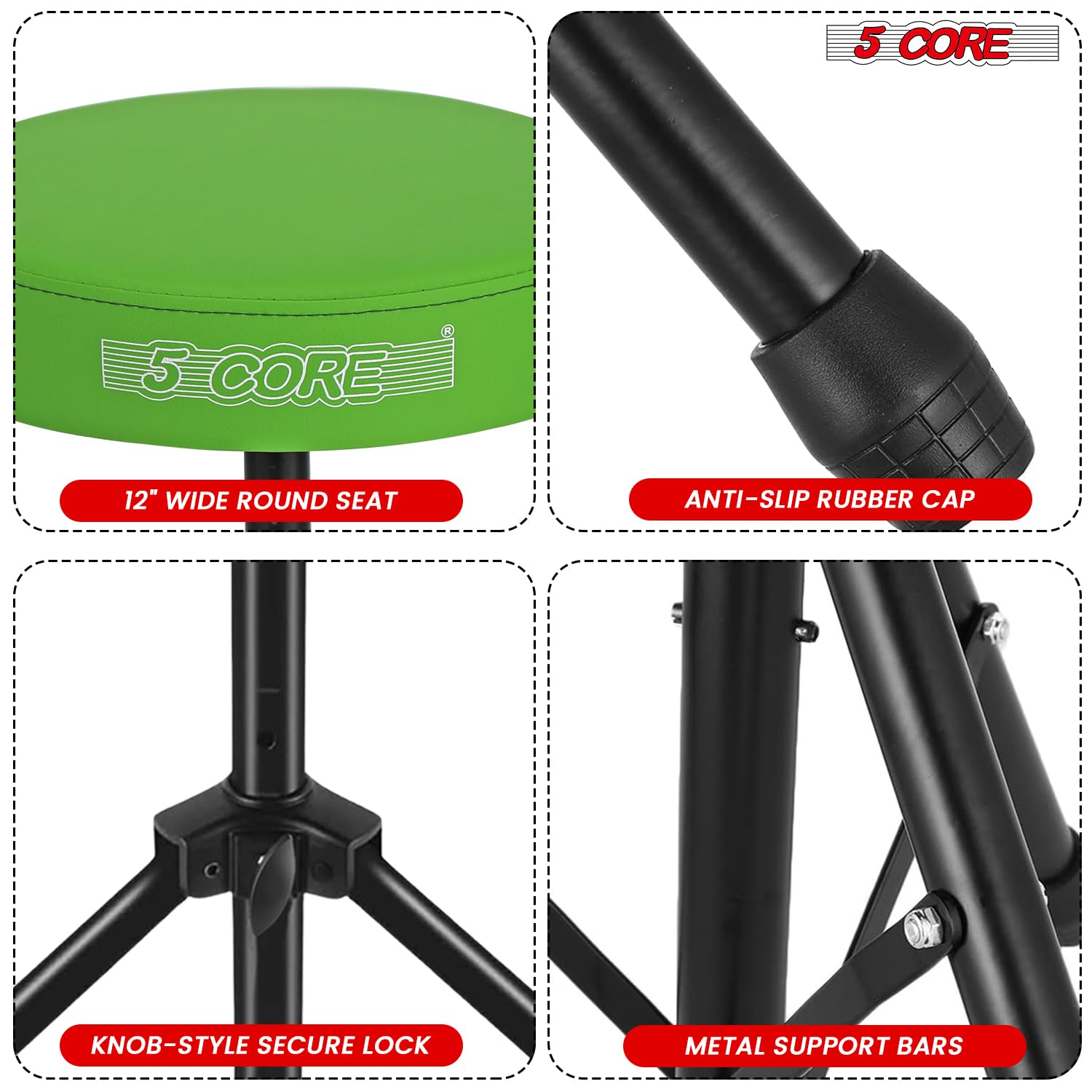 5 CORE Drum Throne Padded 3″ Seat Adjustable Drumming Stool Green